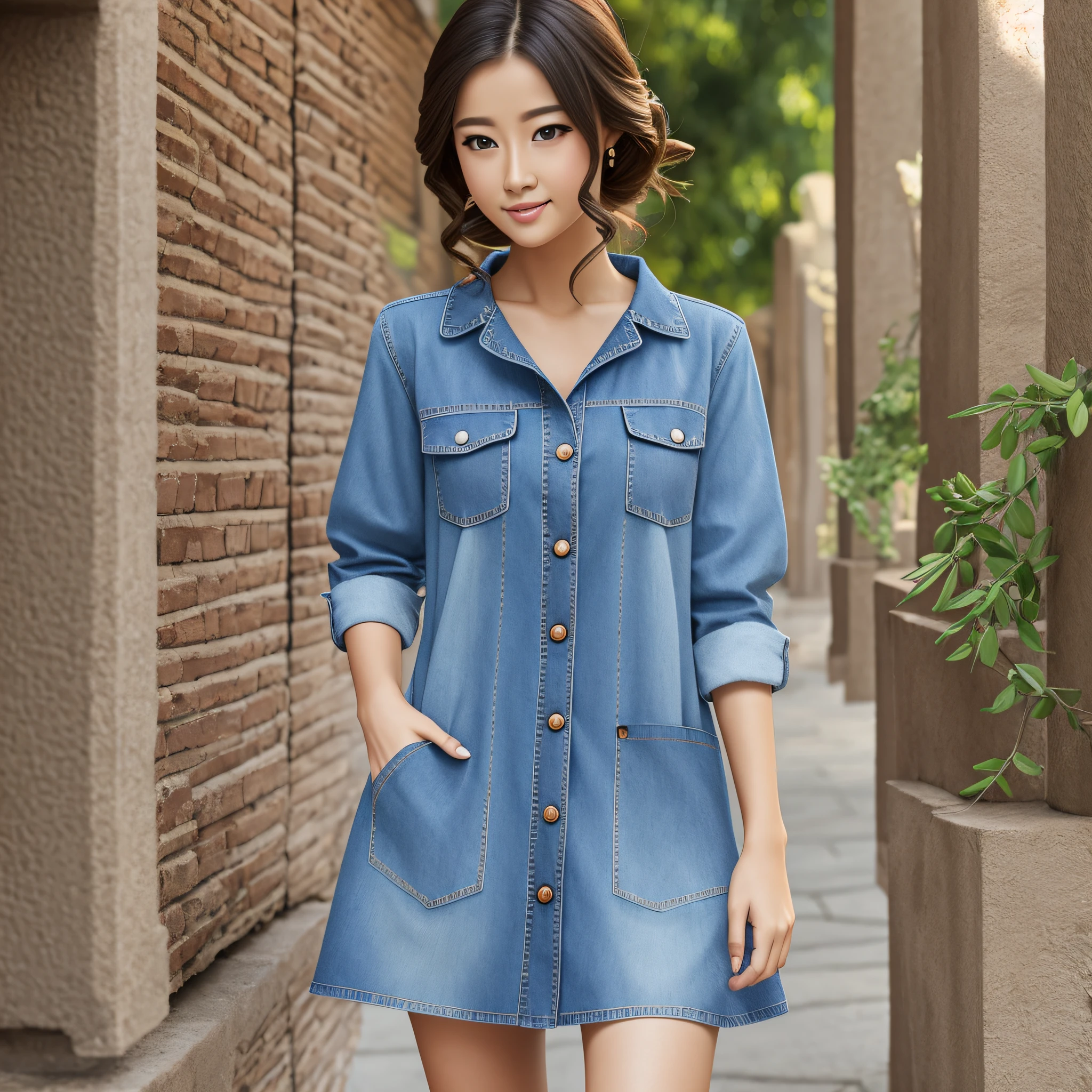 Woman Jeans dress with front buttons and pockets June party theme, realistic image --auto --s2