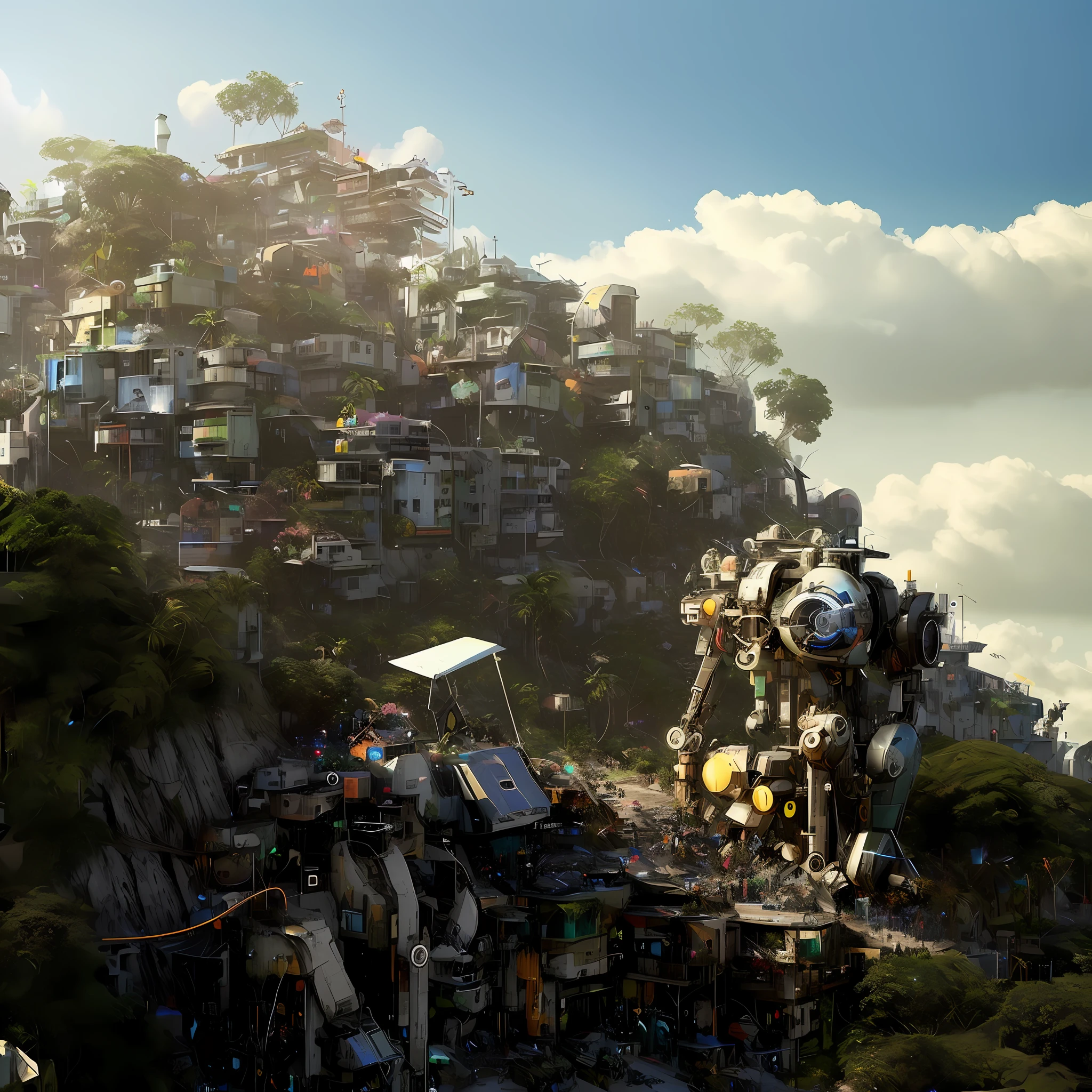 Image of a discarded robots in a favela on Morro Carioca, futuristic urban favela, sci-fi favela sculpture, favela on a hillside, cliff city, beautiful digital art, futuristic favela, highly realistic conceptual art, highly detailed 4k digital art, ultra-realistic concept art, an opulent favela environment, amazing wallpaper, photorealistic concept art