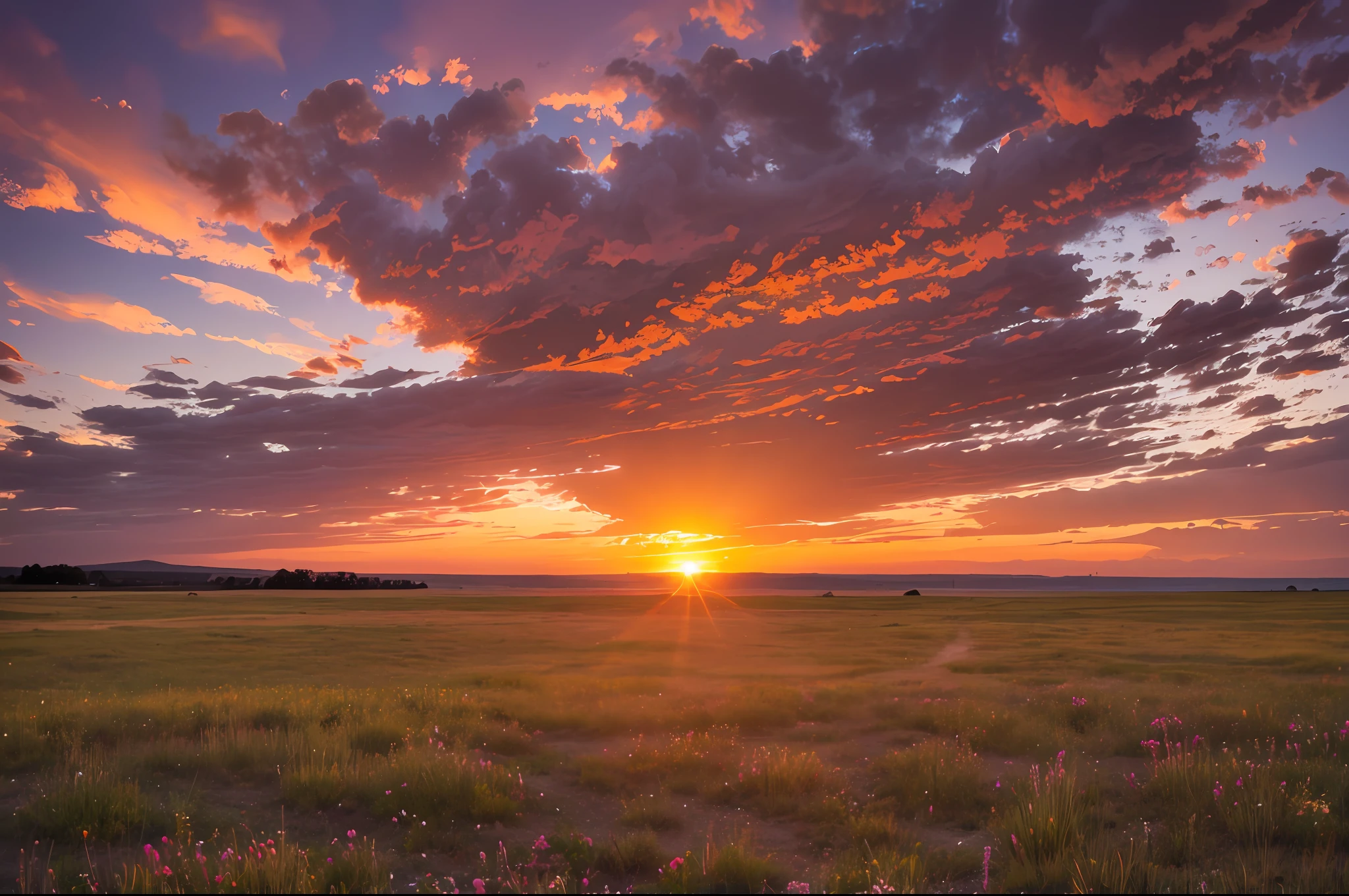 Steppe at sunset, sky burning clouds, sunset