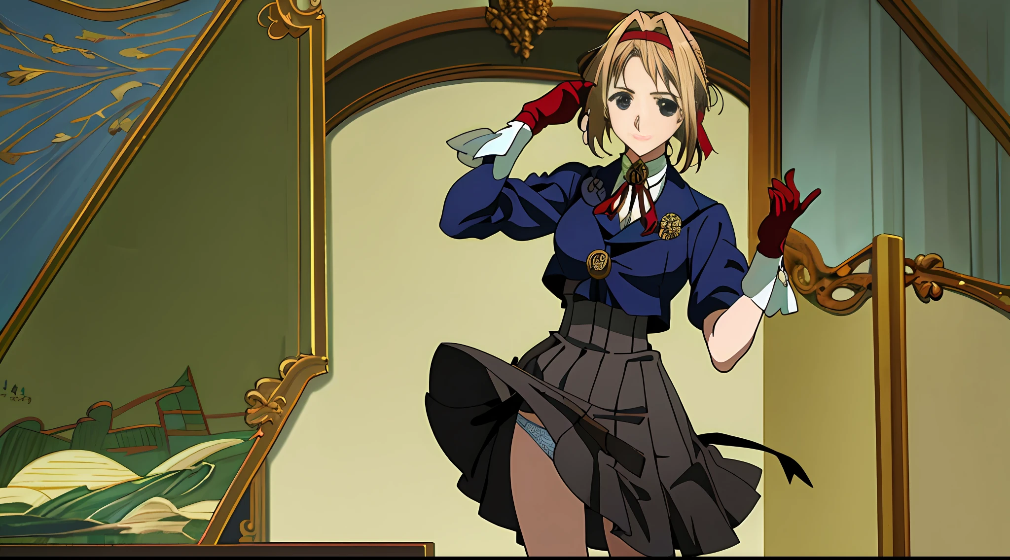 (masterpiece, best quality),1girl , Violet evergarden, brooch, gloves, lifting skirt, panties , red ribbon