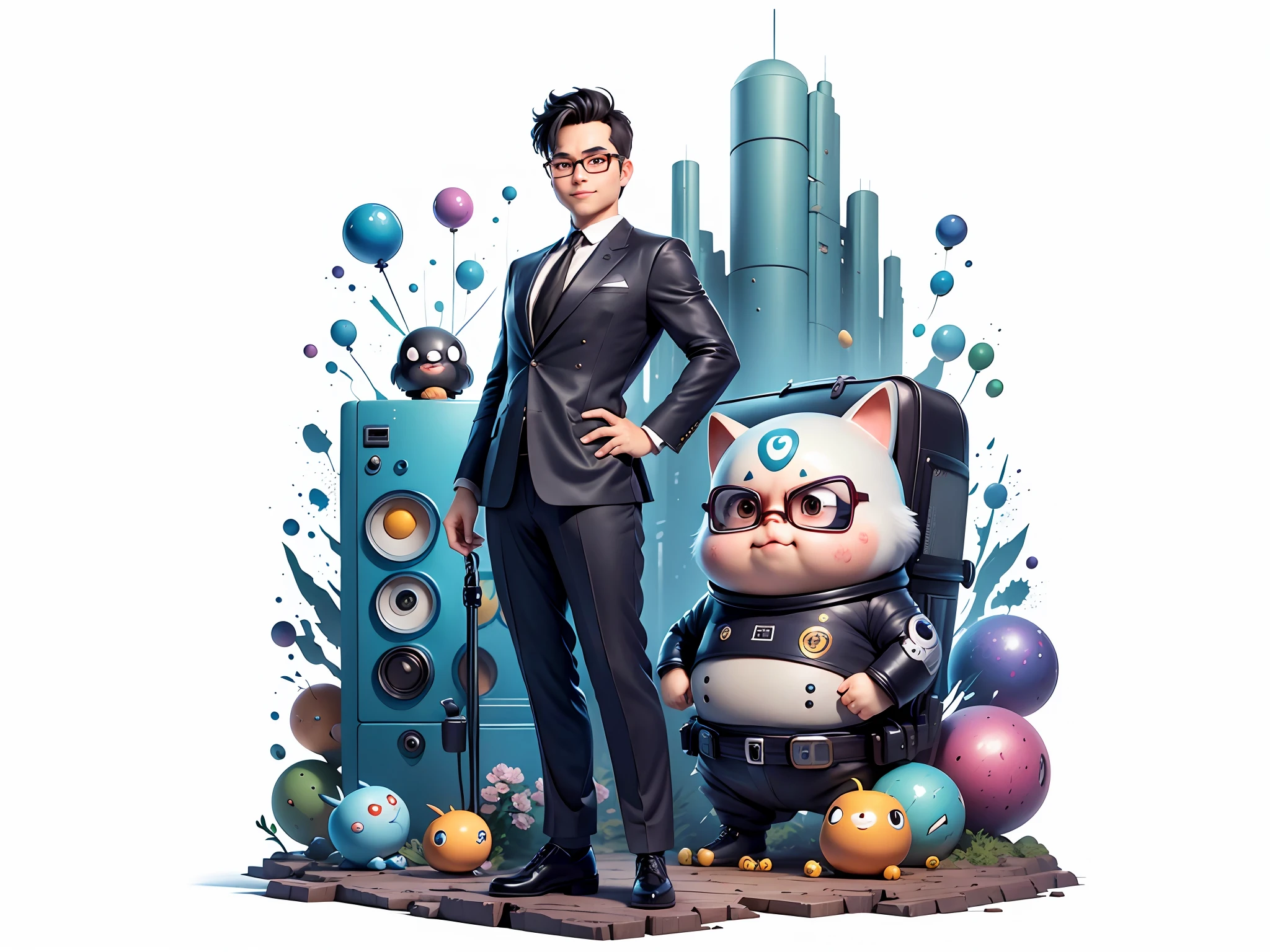 Masterpiece), (Excellent), (Super Meticulous), (Full Body: 1.2), Super Young Woman, Beautiful, Sexy, Bursting, Oriental Face, TV Anchor, Bust Portrait Illustration, Alone, Black Suit, Blue Tie, Silver Glasses, Slightly Chubby Face, Very Clean Face, No Beard, Black Super Short Hair, Black Eyes, Confident Smile, 3c Computer Sub-Products, iPad, iPhone, Digital Painting, 3D Character Design by Akira Toriyama with Mark Claireden and Pixar and Hayao Miyazaki, The illustration is a high-definition illustration in 4K resolution with very detailed facial features and cartoon-style visuals.