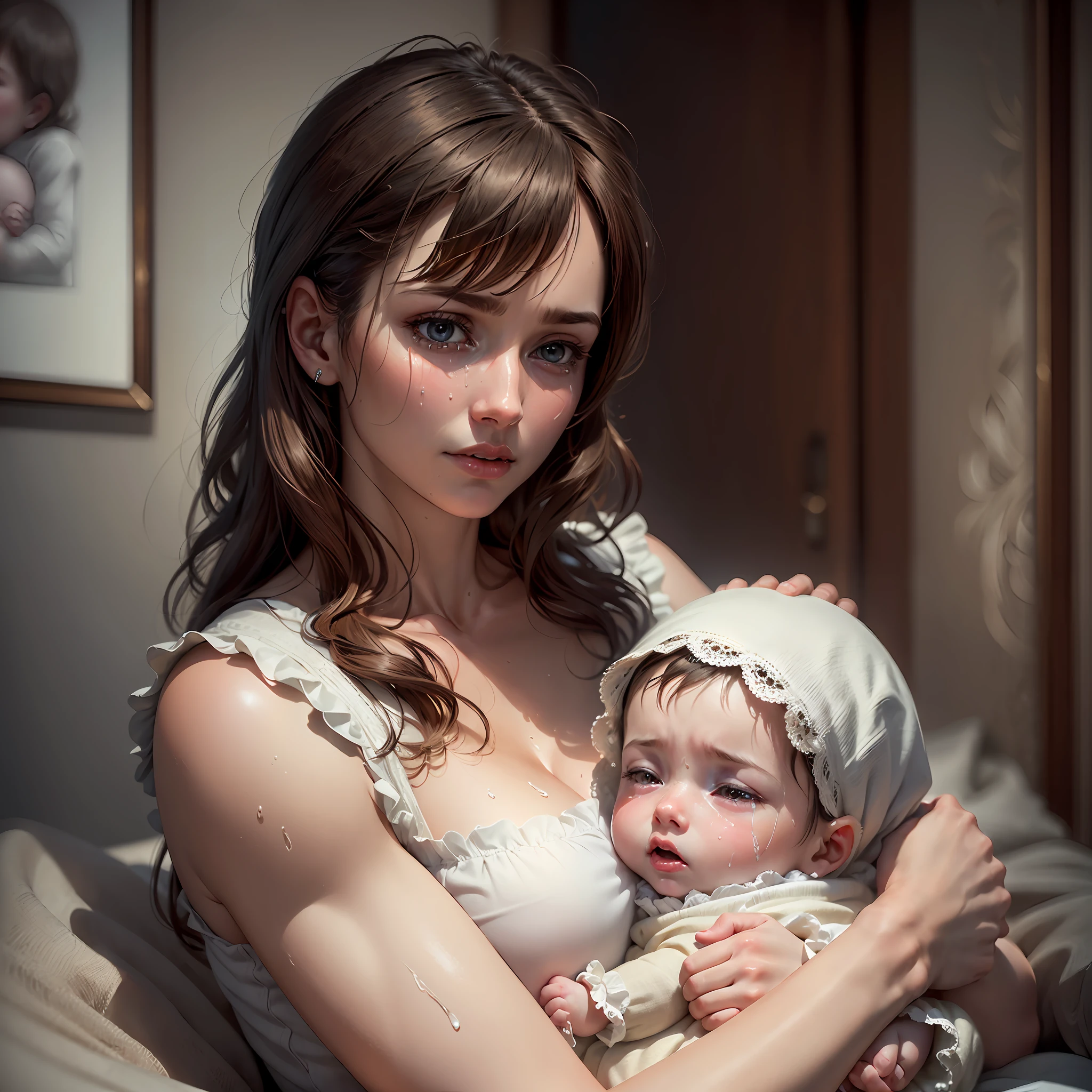 ((ultra realistic, top quality, super definition, high definition)), woman, mother, with 2 month old baby on her lap crying, in the dark room, crying about not being able to make him sleep --auto --s2