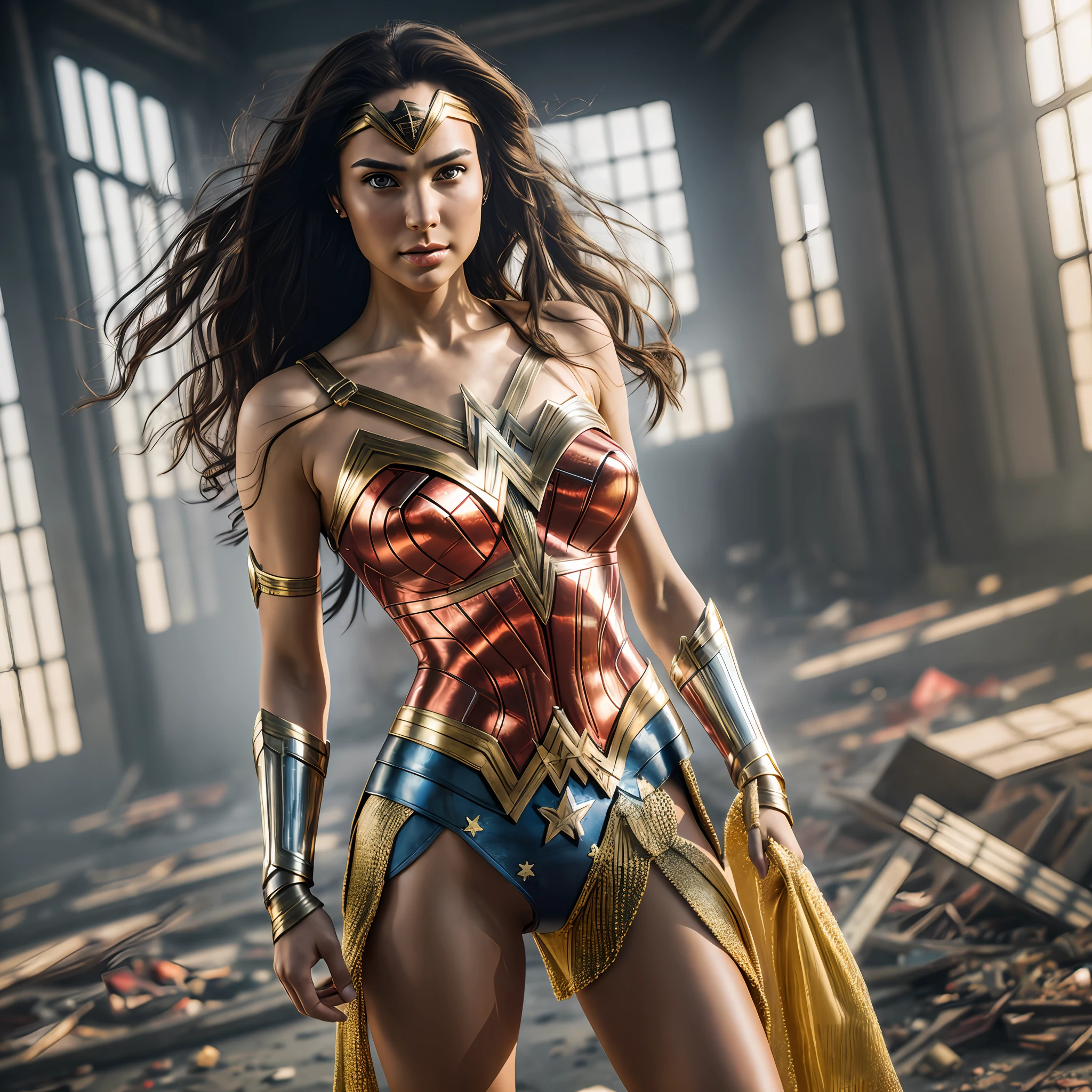 Wonder Woman, RAW, Masterpiece, Super Fine Photo, Best Quality, Ultra High Resolution, Photorealistic Photorealism, Sunlight, Full Body Portrait, Amazing Beauty, Dynamic Pose, Delicate Face, Vibrant Eyes, She Wears Futuristic Red and Gold Color Scheme, No Panties, Very Detailed Abandoned Warehouse Background, Detailed Face, Detailed Complex Busy Background, Messy, Gorgeous, Highly Detailed Skin, Realistic Skin Details, Visible Pores, Sharp Focus, Volumetric Fog, 8K UHD, DSLR Camera, High Quality, photorealism, lomography, translucent