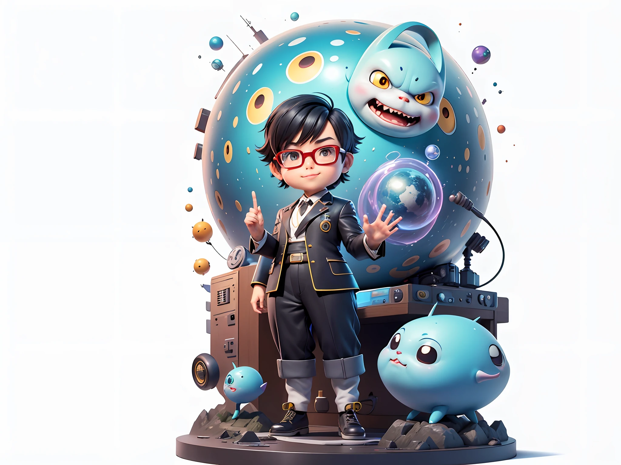 Masterpiece), (Excellent), (Super Meticulous), (Full Body: 1.2), Super Young Woman, Beautiful, Sexy, Bursting, Oriental Face, TV Anchor, Bust Portrait Illustration, Alone, Black Suit, Blue Tie, Silver Glasses, Slightly Chubby Face, Very Clean Face, No Beard, Black Super Short Hair, Black Eyes, Confident Smile, 3c Computer Sub-Products, iPad, iPhone, Digital Painting, 3D Character Design by Akira Toriyama with Mark Claireden and Pixar and Hayao Miyazaki, The illustration is a high-definition illustration in 4K resolution with very detailed facial features and cartoon-style visuals.