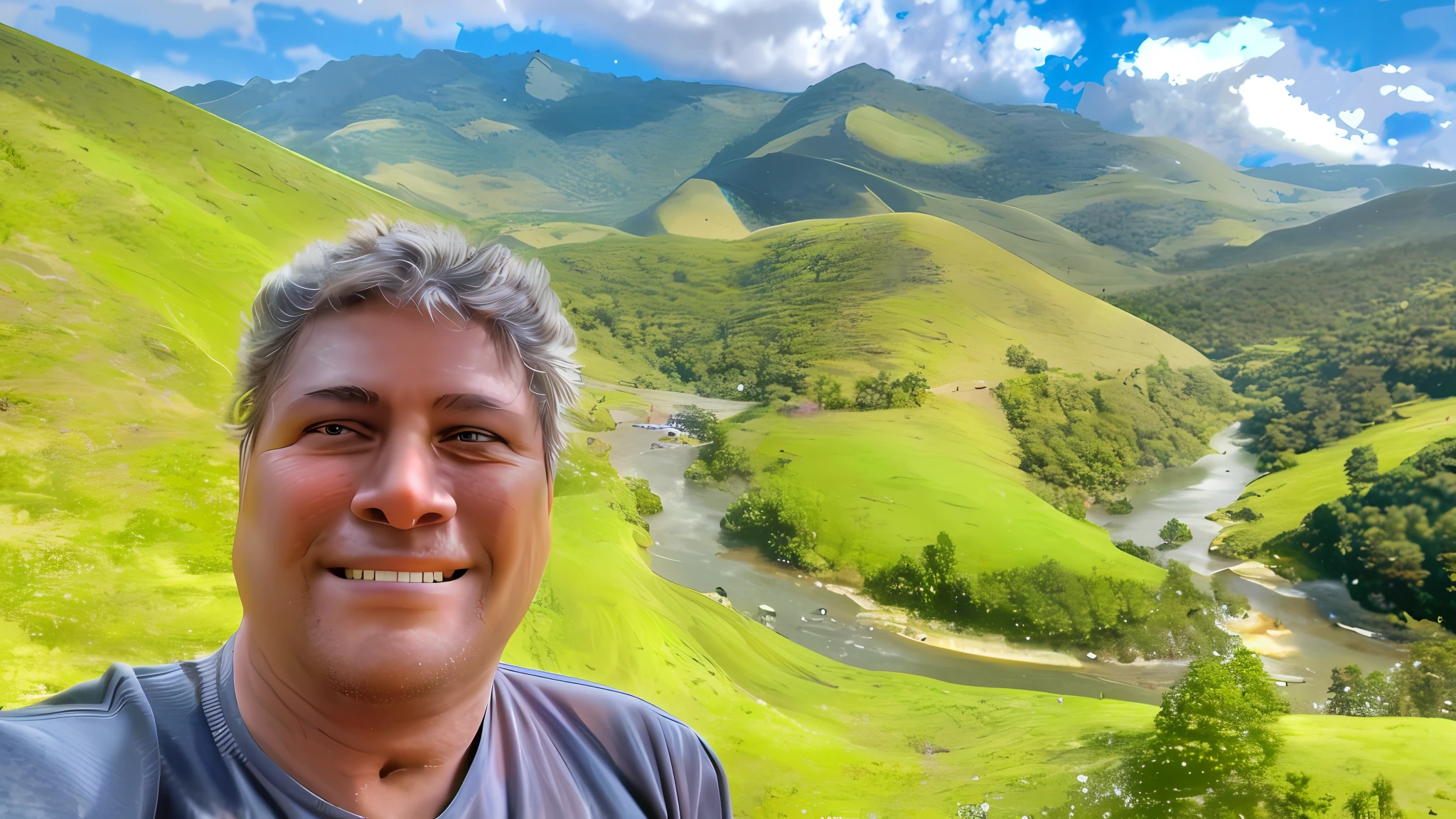 Arafed man standing in front of a valley with a river running through it, 8 k. view filling, selfie photography 8k, with radiant hill, with mountains in the background, david ferreira rivers, river in front of him, by Felipe Seade, hills in the background, 8 k.   Cinematic, Photoshoot, Depth of Field, Tilt Blur, Shutter Speed 1/1000, F/22, White Balance, 32k, Super-Resolution, Pro Photo RGB, Half rear Lighting, Backlight, Dramatic Lighting, Incandescent, Soft Lighting, Volutric, Conte-Jour, Global Illumination, Screen Space Global Illumination, Scattering, Shadows, Rough, Shimmering, Lumen Reflections, Screen Space Reflections, Diffraction Grading, Chromatic Aberration, GB Displacement, Scan Lines, Environment Occlusion,  Anti-aliasing, FKAA, TXAA, RTX, SSAO, OpenGL-Shader's, Post-processing, Post-production, Cell Shading, Tone mapping, CGI, VFX, SFX, insanely detailed and intricate, hyper maximalist, elegant, dynamic pose, photography, volumetric, ultra-detailed, intricate details, super detailed, ambient –uplight –v 4 –q 2 --auto --s2