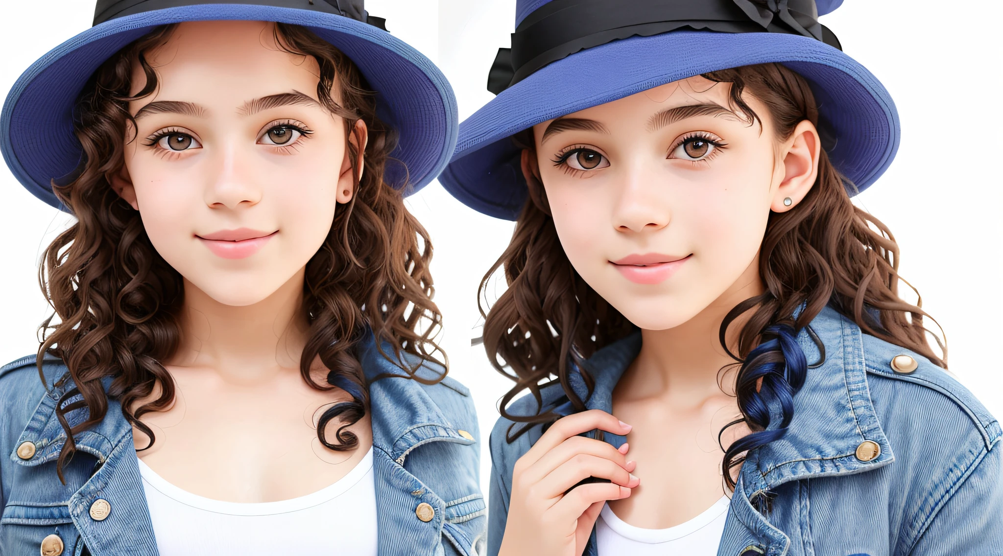 12 year old girl with curly hair wearing a blue hat and jacket, blue witch hat, blue fedora, blue magician hat, wearing a French beret, blue beatrice, light-skinned African girl, next generation, inspired by Violet Fuller, beautiful young model with hat, full product photo, modeling for dulce and gabanna, blue zima author