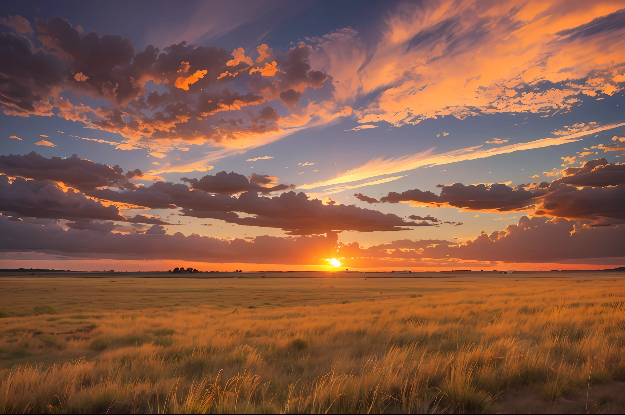 Steppe at sunset, sky burning clouds, sunset