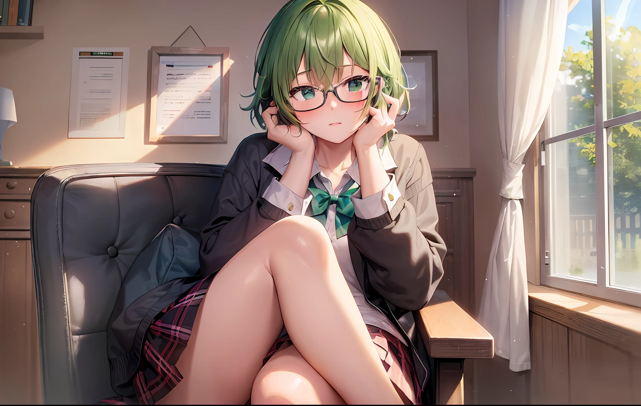 ((masterpiece, high quality, 8k, super high quality)) nerdy school girl with short green hair, wearing glasses, legs crossed, blush, sitting on a chair