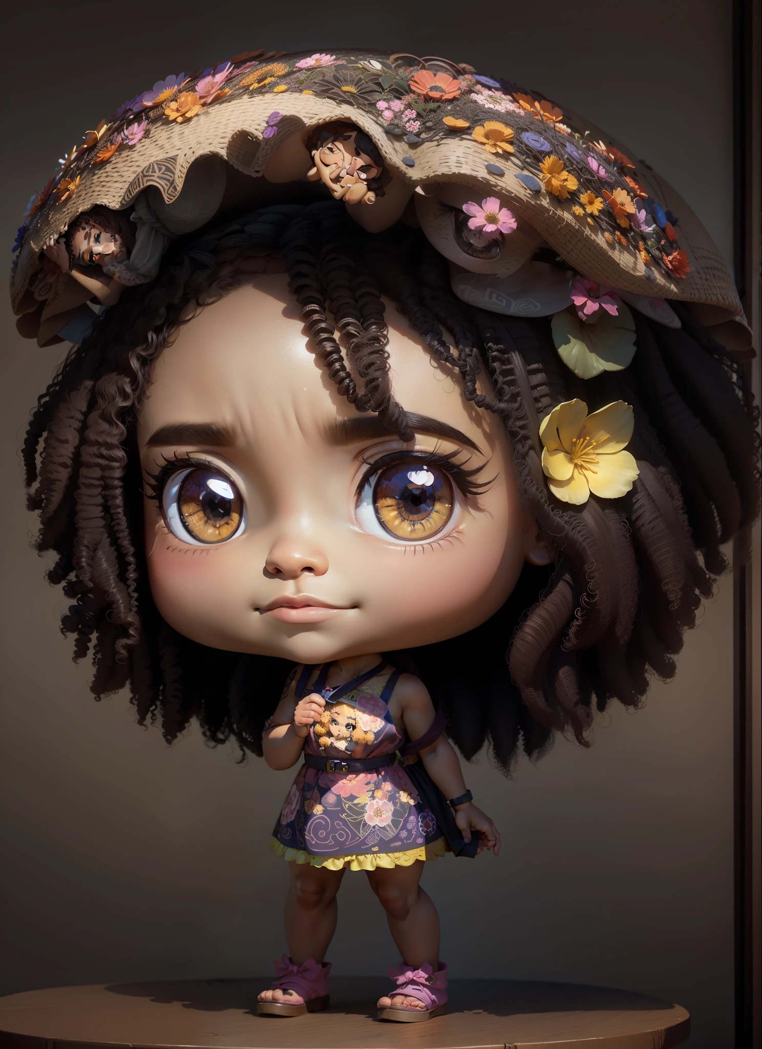 circle realism with big girl head, astonished expression, model face, ((chibi)), flowers in hair, big eyes, fish eyes, moana-style eyes, glow on face, face with smile, standing on bench, long afro hair, character sculpture, beautiful artist rendering, flowers in hair. side view, beauty campaign, by Will Ellis, toy design, holding a clean photo, jeff smith, jinyoung shin art, girlboss