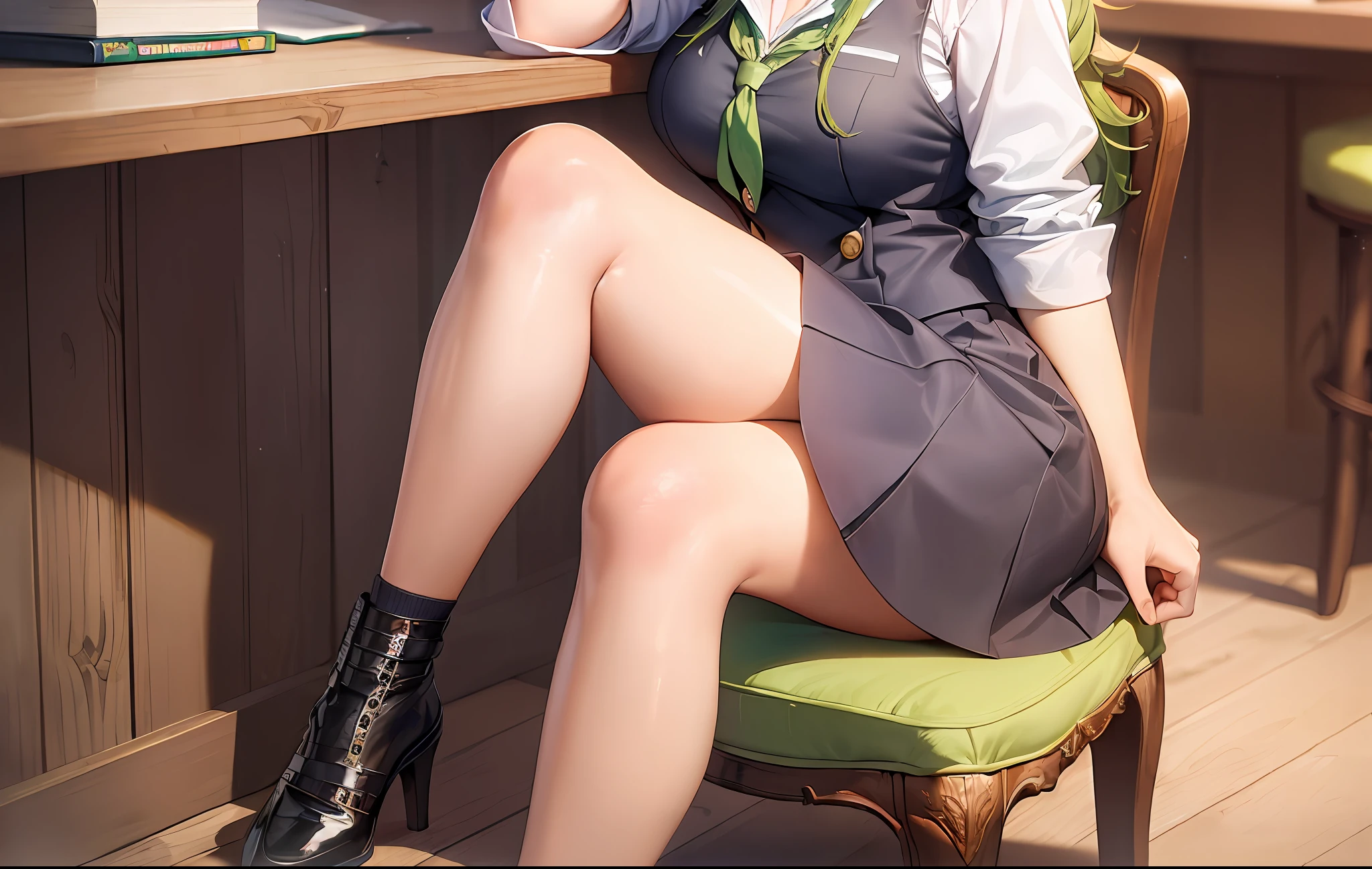 ((masterpiece, high quality, 8k, super high quality)) nerdy school girl with short green hair, wearing glasses, legs crossed, blush, sitting on a chair