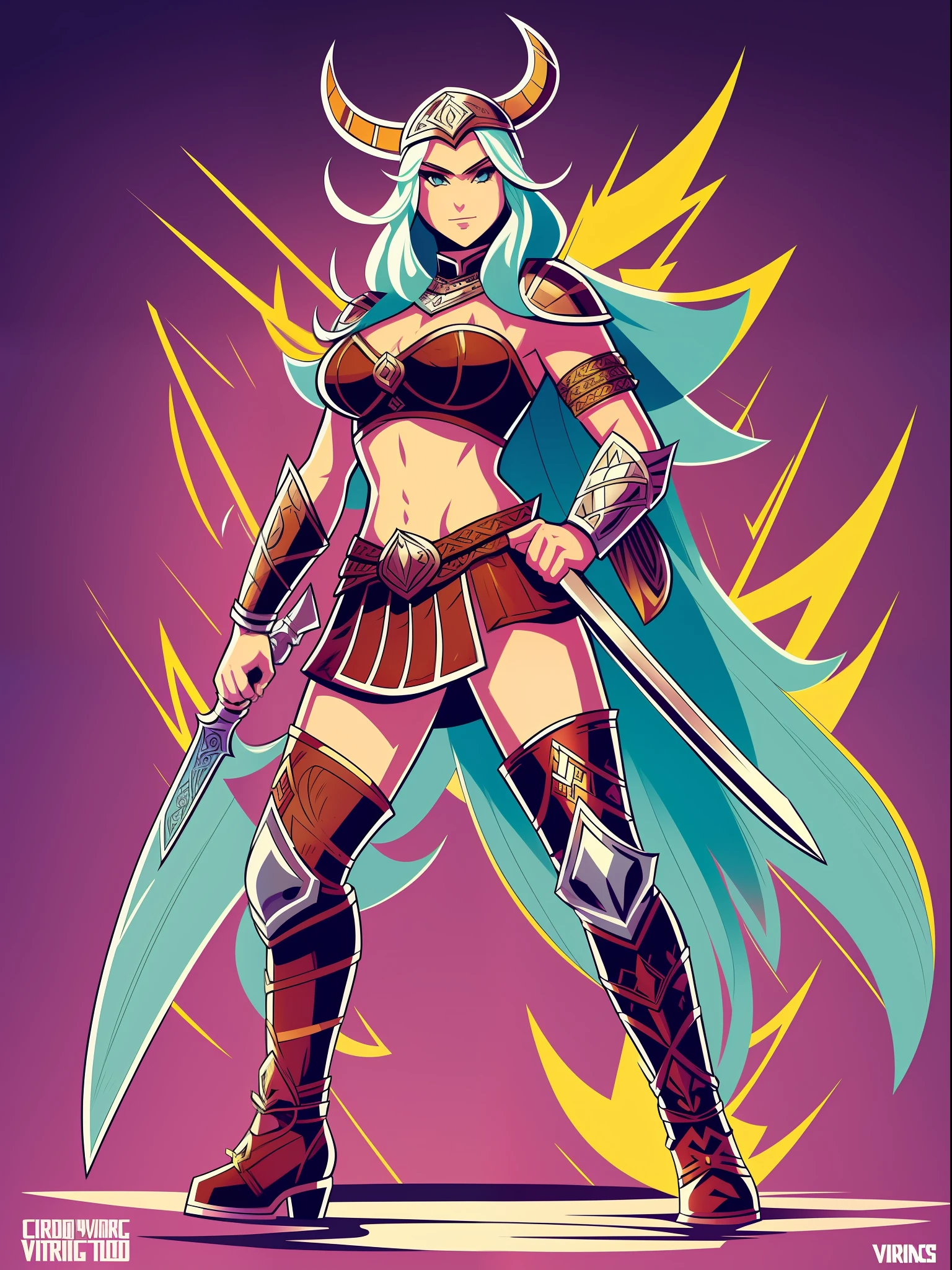 Cartoon Network style, Viking female warrior, sexy armor, glasshour body, full body, comic line illustration art, fine and obviously tough, complex and changeable brushstrokes, bold and colorful colors, the background is a group of Vikings supporting her,