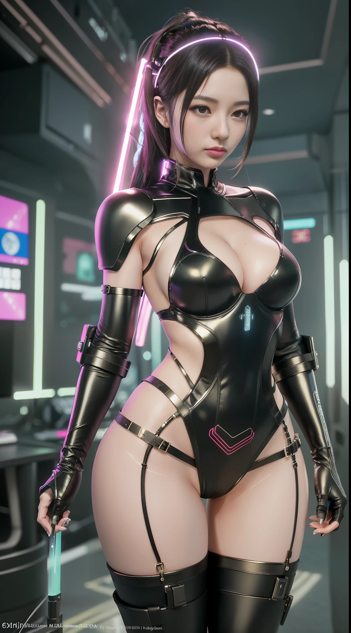 ((Best Quality)), ((Masterpiece)), (High Definition:1.3), 3D, Beautiful (Cyberpunk:1.3) Female hacker with thick voluminous hair Computer terminals, computer servers, LCD screens, fiber optic cables, corporate logos, HDR (high dynamic range), ray tracing, NVIDIA RTX, super resolution, Unreal 5, Subsurface Scattering, PBR Texturing, Post-Processing, Anisotropic Filtering, Depth of Field, Maximum Clarity and Sharpness, Multilayer Textures, Albedo and Specular Maps, Surface Shading, Accurate Simulation of Light-Material Interactions, Perfect Proportions, Octane Rendering, Two-Tone Lighting, Low ISO, White Balance, Rule of Thirds, Wide Aperture, 8K RAW, Efficient Subpixel, Subpixel Convolution, Luminescent Particles, Full Body, Delicate Costume, Erotic, Soft Skin
