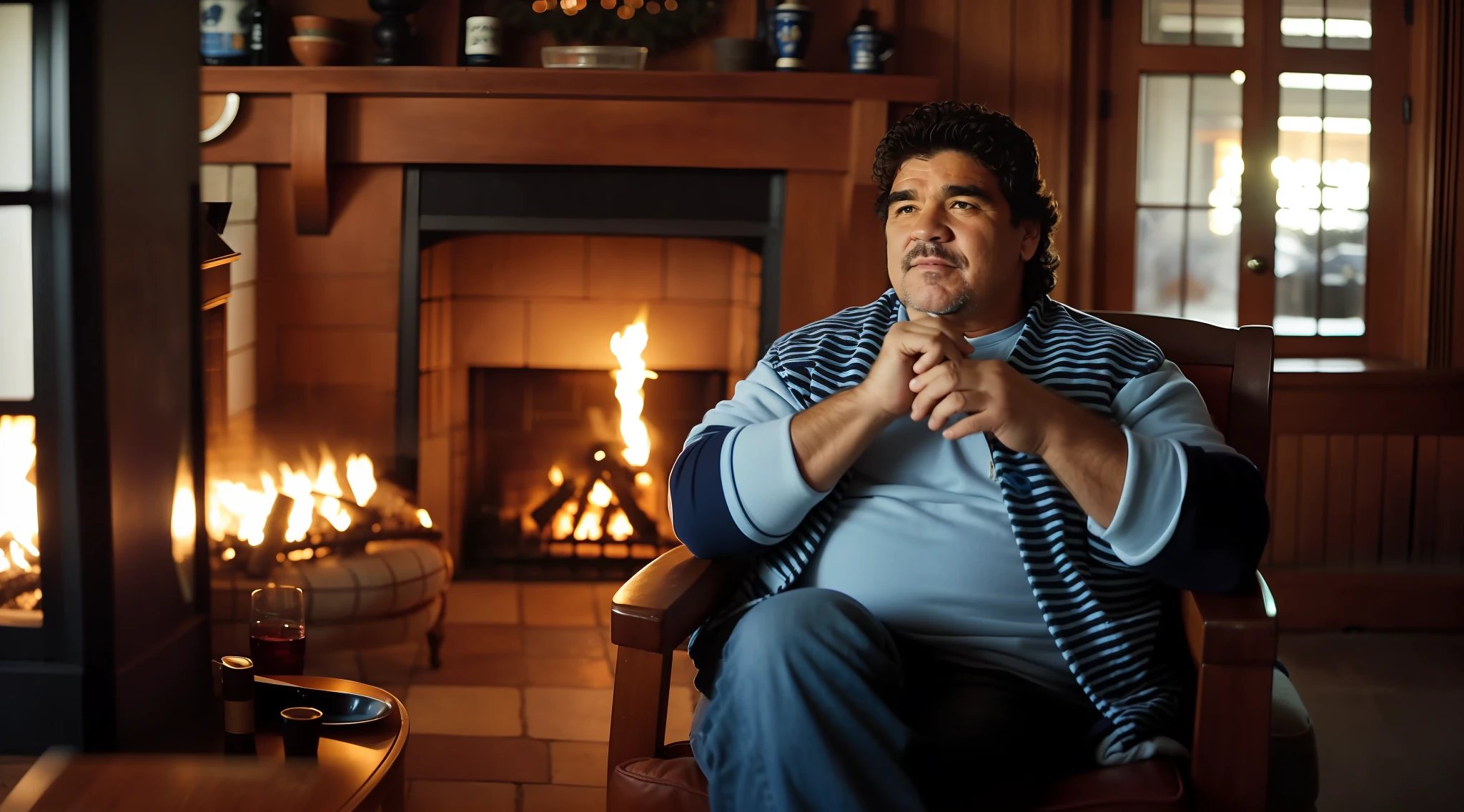 Film still of a cozy setting with Diego Maradona sitting in a chair next to a fireplace. Best documentary-style lighting to capture the atmosphere.