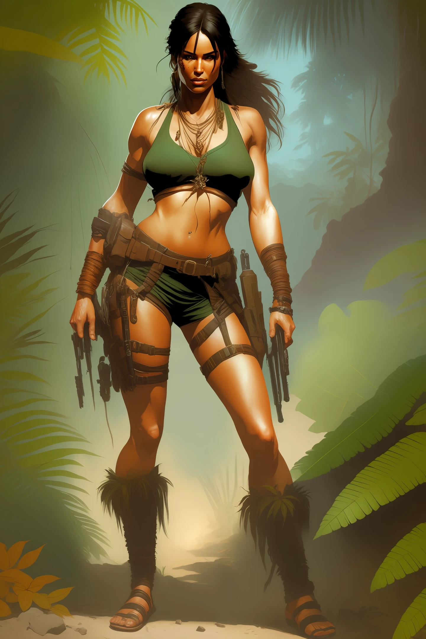 Lara Croft in the jungle, realistic, full body, estilo Frank Frazetta, detail intricate, 32 k, --auto --s2
