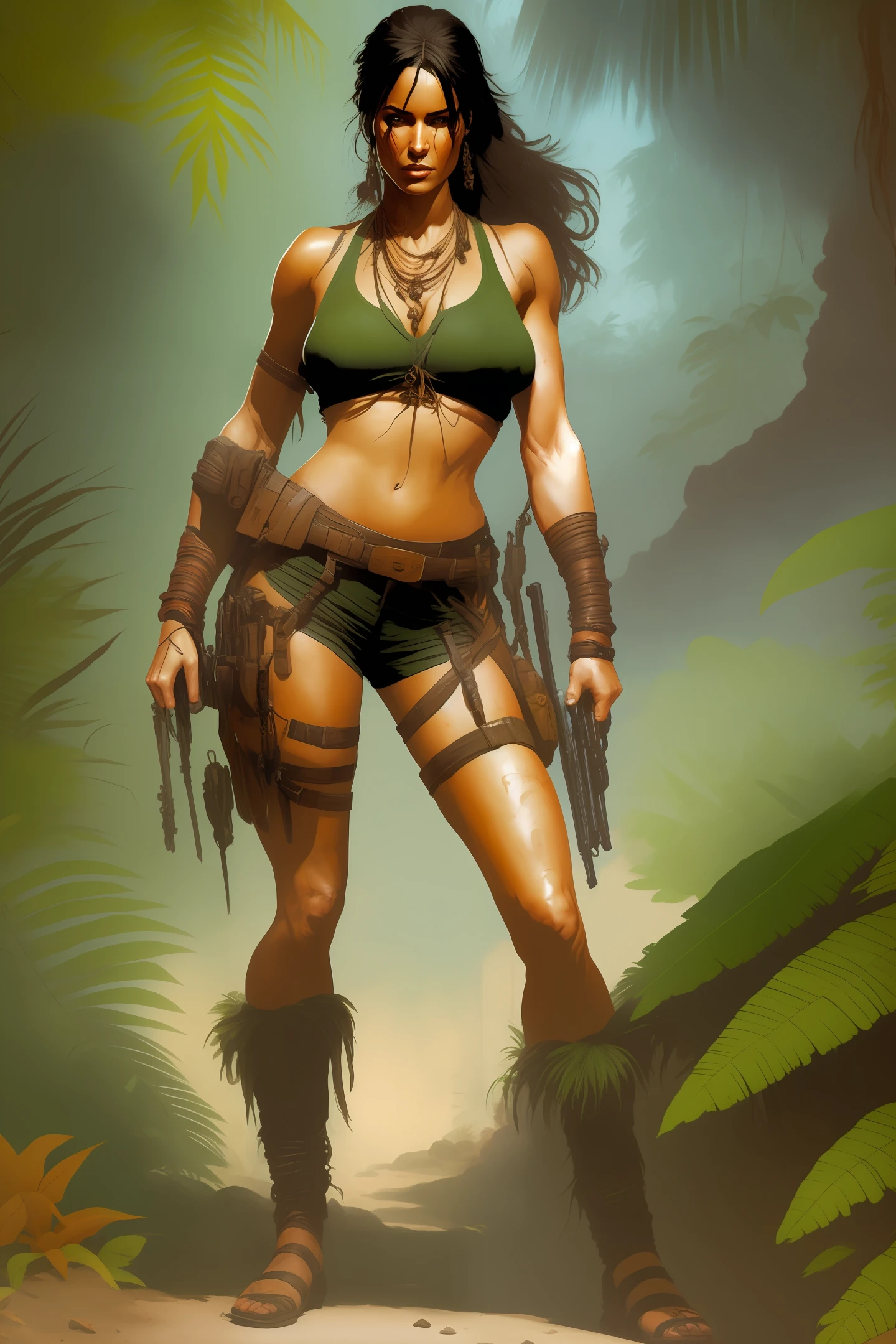 Lara Croft in the jungle, realistic, full body, estilo Frank Frazetta, detail intricate, 32 k, --auto --s2