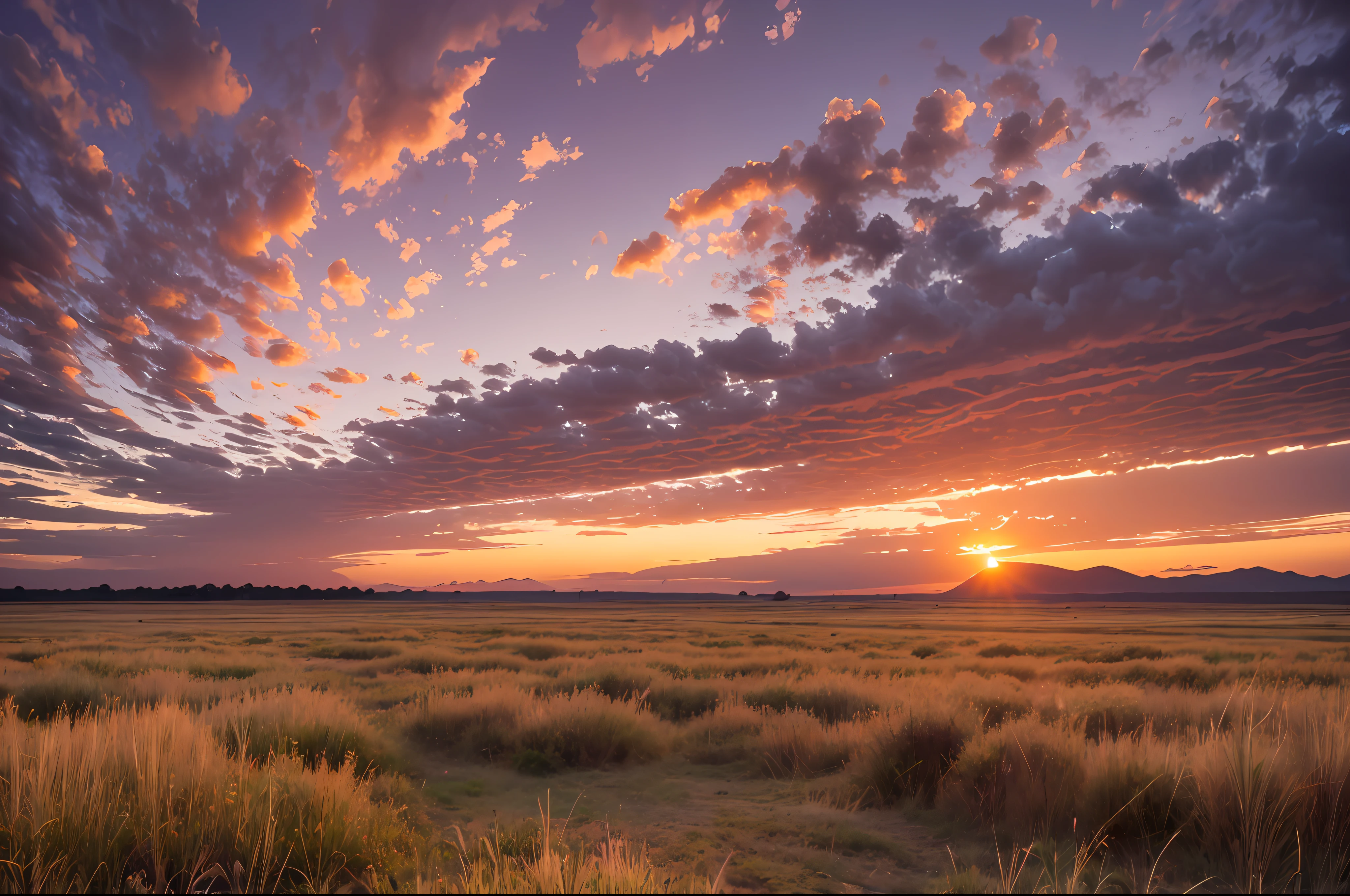 Steppe at sunset, sky burning clouds, sunset