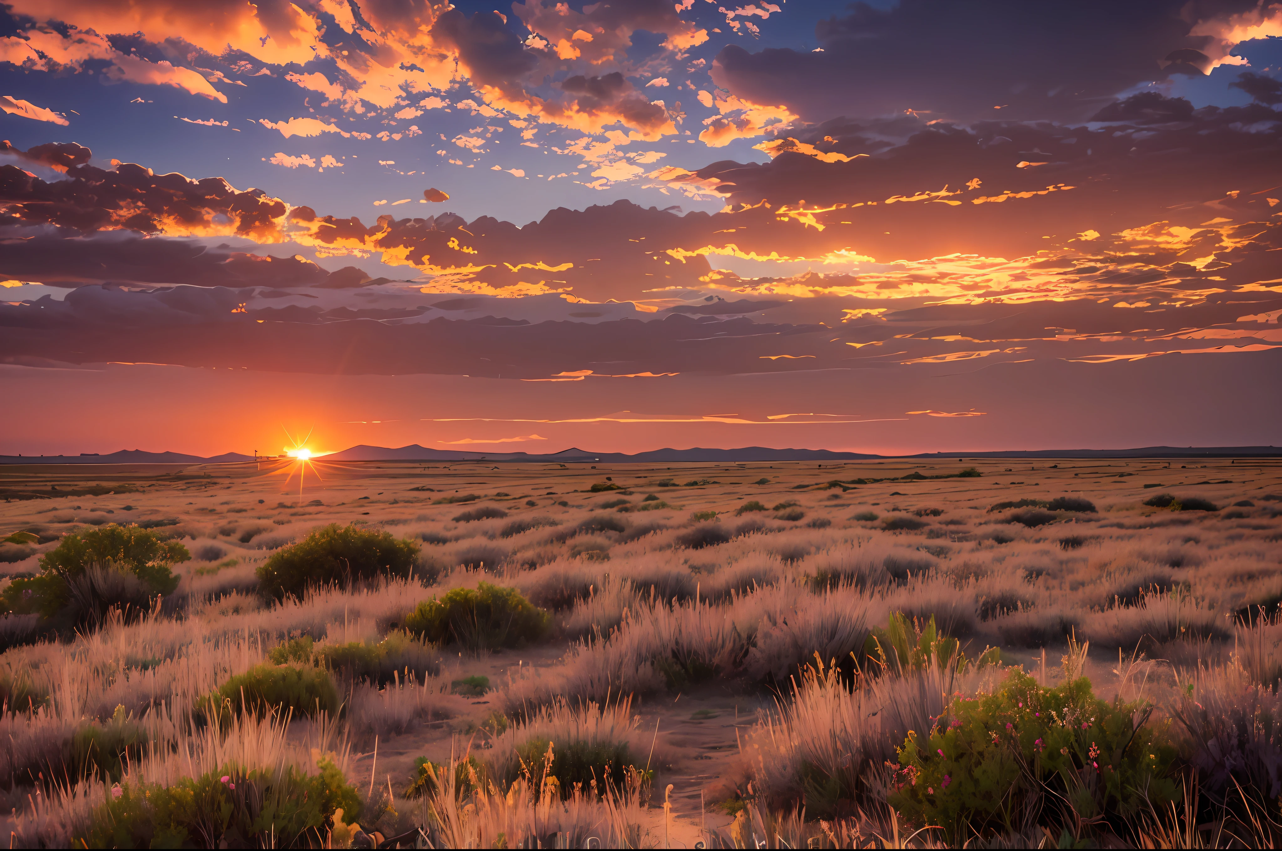 Steppe at sunset, sky burning clouds, sunset