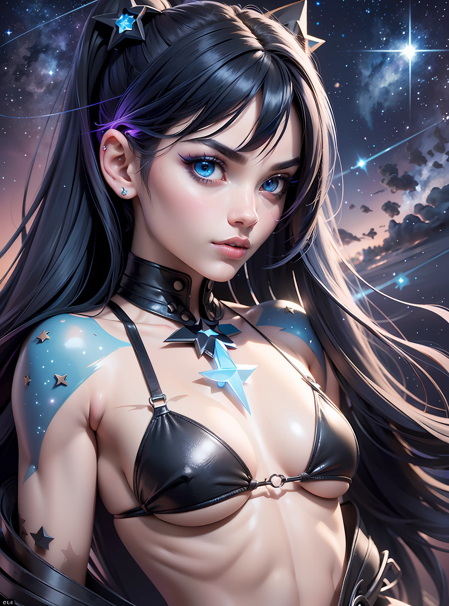 ((Best Quality)), ((Masterpiece)), ((Realistic)) and ultra-detailed photography of a girl with goth colors. She has ((shadow abyss hair)), (pale skin tone) wears a (small black micro-thong, black micro-bikini:star motif ) , ((beautiful and aesthetic)), muscular fit body abs, sexy, under-boobs, hot, (clear star filled sky background)
(clear background:1.35), (particles ,firefly, blue glowing):1.3,