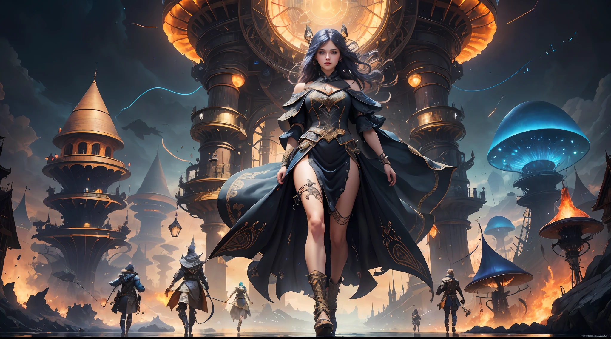 (((Multiplayer, Vivid eyes, men and women))), Best Quality, Realistic, Realistic, Award-Winning Illustrations, (Intricate Details: 1.2), (Fine Details), (Intricate Details), (Cinematic Light, Best Quality Backlight), Clear Lines, Sharp Focus, Official Art, Unity 8k Wallpaper, Ridiculous, Incredibly Absurd, Fantasy Art, RTX, ((Award-winning Triangle Studio Close-up Photo)), 1 Boy, (Shut Up), Best Quality, 4K, beautiful mysterious creatures, female, flying, surrealism, masterpiece by NCWINTERS, in a mysterious country town, masterpiece, intricate details, ff14style, urban painting, bridge, river, giant mushroom, landscape, bright colors, ((((full body image))),