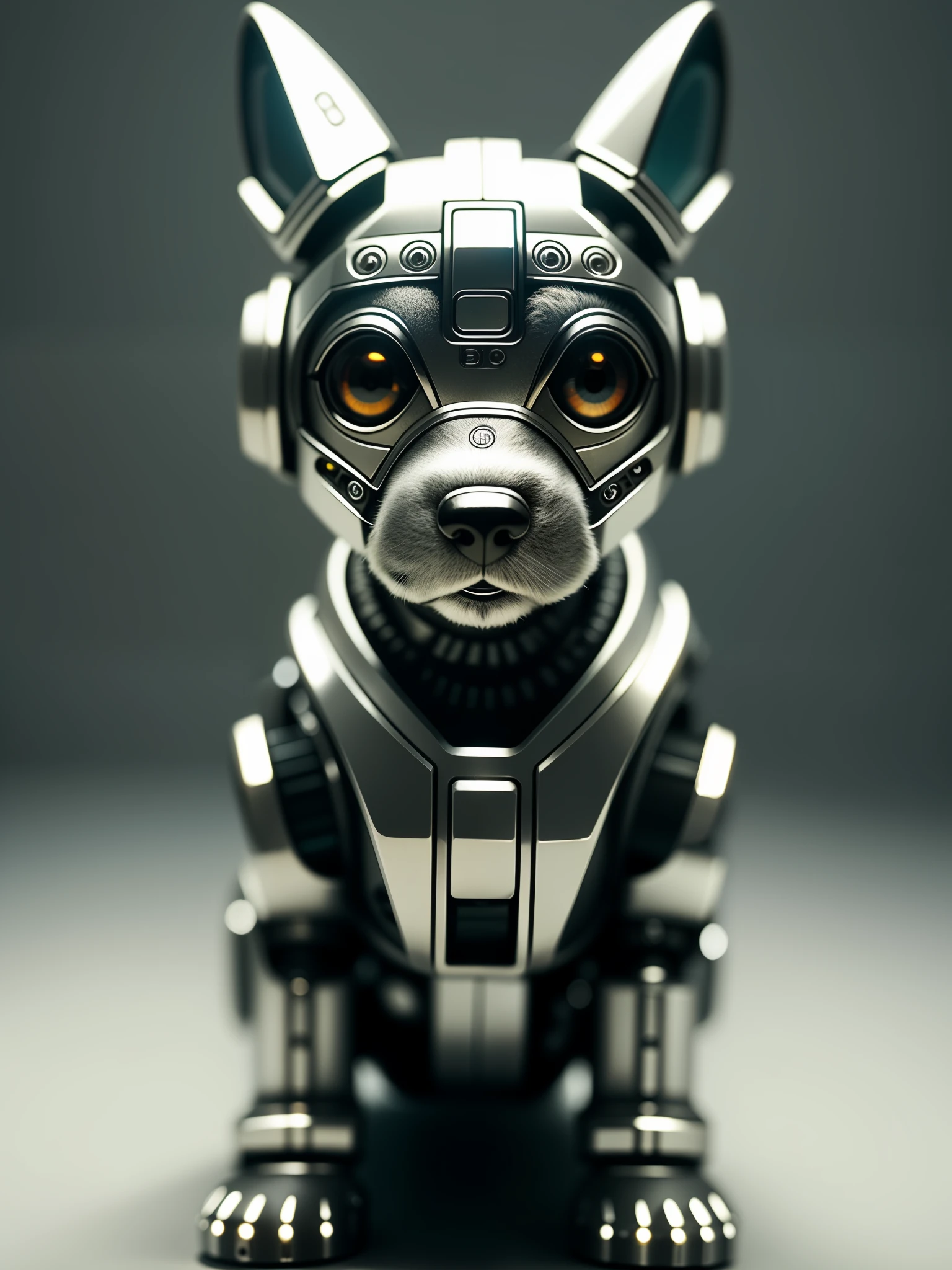A cute puppy made of metal, (cyborg:1.1), ([tail|detailed wire]:1.3), (intricate detail), hdr, (intricate detail, hyperdetailed:1.2), cine footage, halo shadow, centered