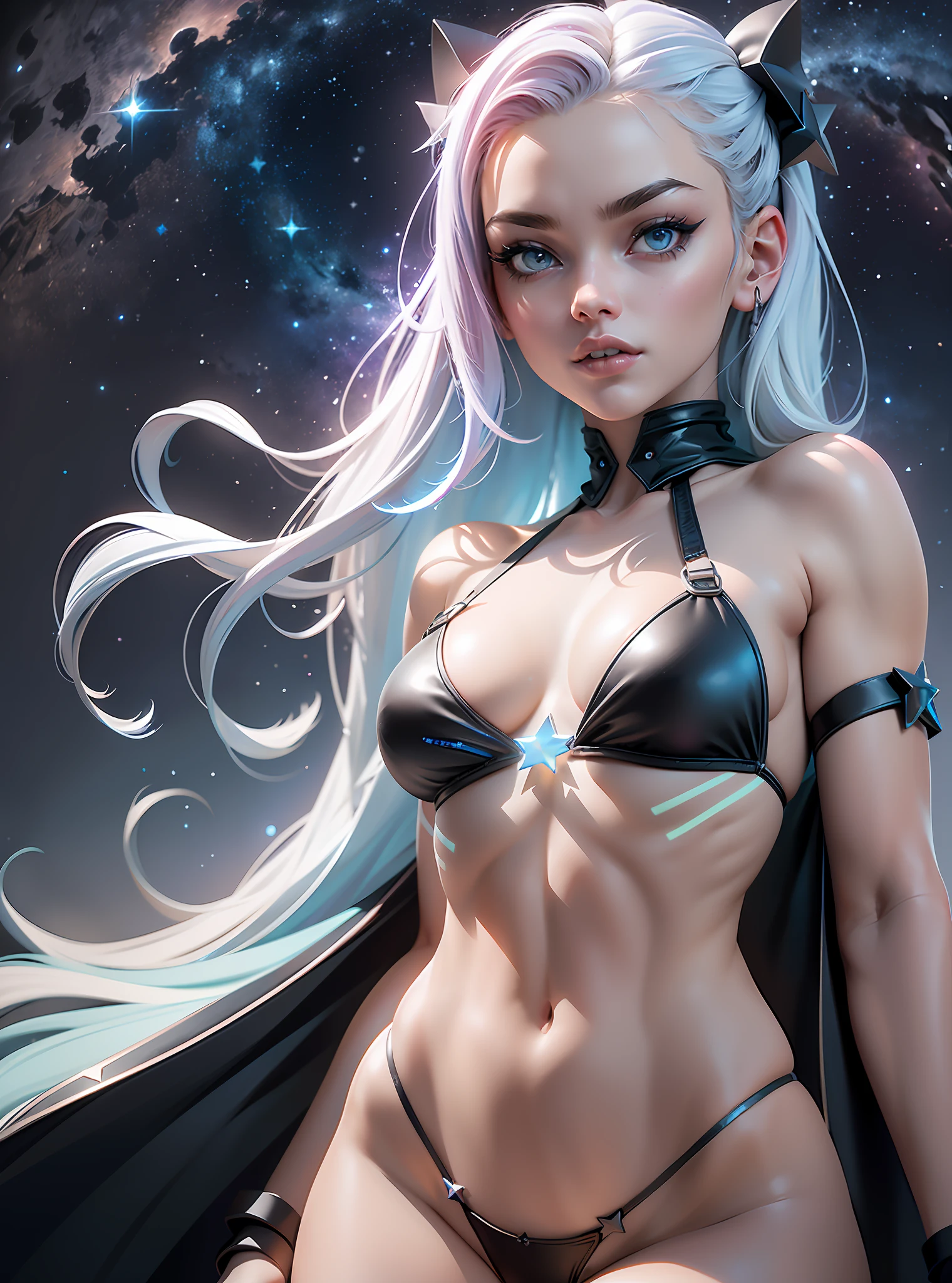 ((Best Quality)), ((Masterpiece)), ((Realistic)) and ultra-detailed photography of a girl with goth colors. She has ((shadow abyss hair)), (pale skin tone) wears a (small black micro-thong, black micro-bikini:star motif ) , ((beautiful and aesthetic)), muscular fit body abs, sexy, under-boobs, hot, (clear star filled sky background)
(clear background:1.35), (particles ,firefly, blue glowing):1.3,