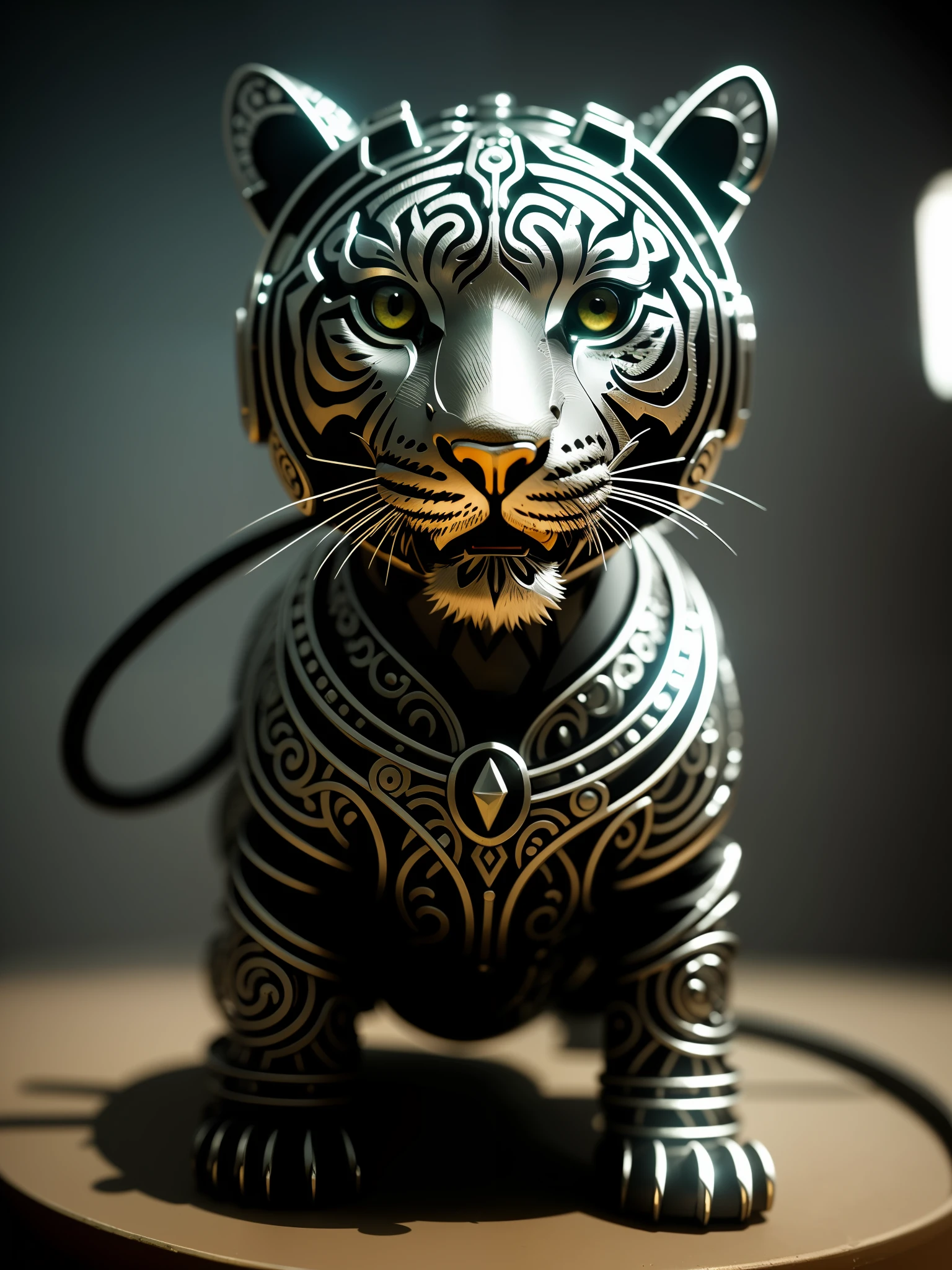 A cute little tiger made of metal, (cyborg:1.1), ([tail|detailed wire]:1.3), (intricate details), hdr, (intricate details, hyperdetailed:1.2), cine footage, halo shadow, centered