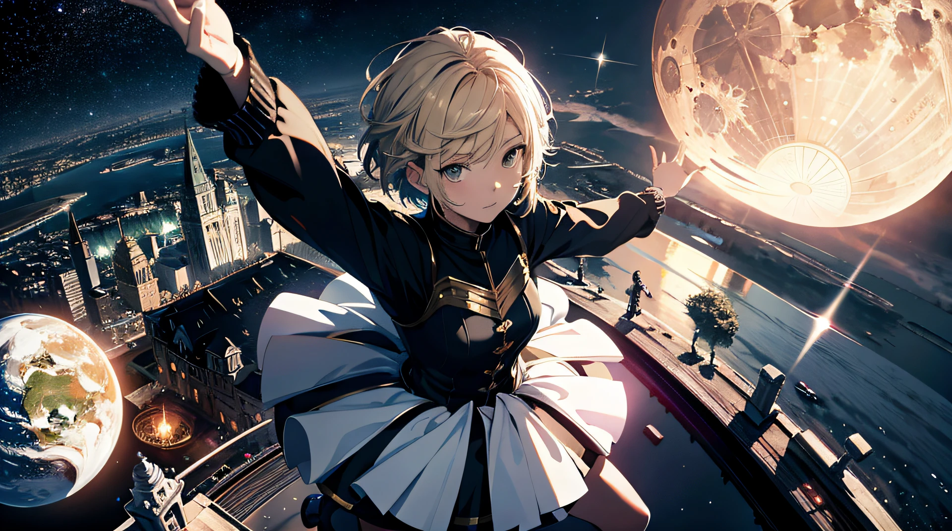 Absurd resolution, high resolution, (masterpiece: 1.4), super detailed, girl one, from above, earth, moon, space, floating, blonde, petite, short hair, spell, myth