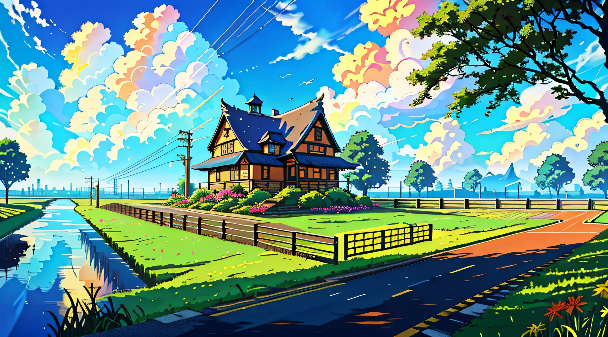 outdoors, scenery, house, grass, sky, power lines, cloud, day, utility pole, tree, ground vehicle, building, blue sky, road, flower, no humans, motor vehicle, fence, water, plant,a small wooden toy,\(\(intricate details\)\),colorful details,iridescent colors BREAK,\(\(masterpiece best quality\)\),4k,ultra detailed,detailed lighting,\(\(inspired by Hayao Miyazaki\)\),official art,promotional art,composition,