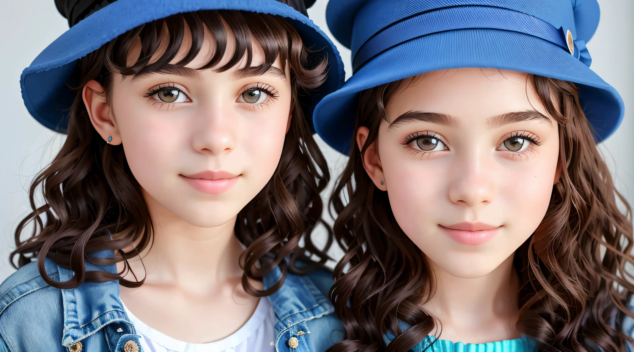 12 year old girl with curly hair wearing a blue hat and jacket, blue witch hat, blue fedora, blue magician hat, wearing a French beret, blue beatrice, light-skinned African girl, next generation, inspired by Violet Fuller, beautiful young model with hat, full product photo, modeling for dulce and gabanna, blue zima author