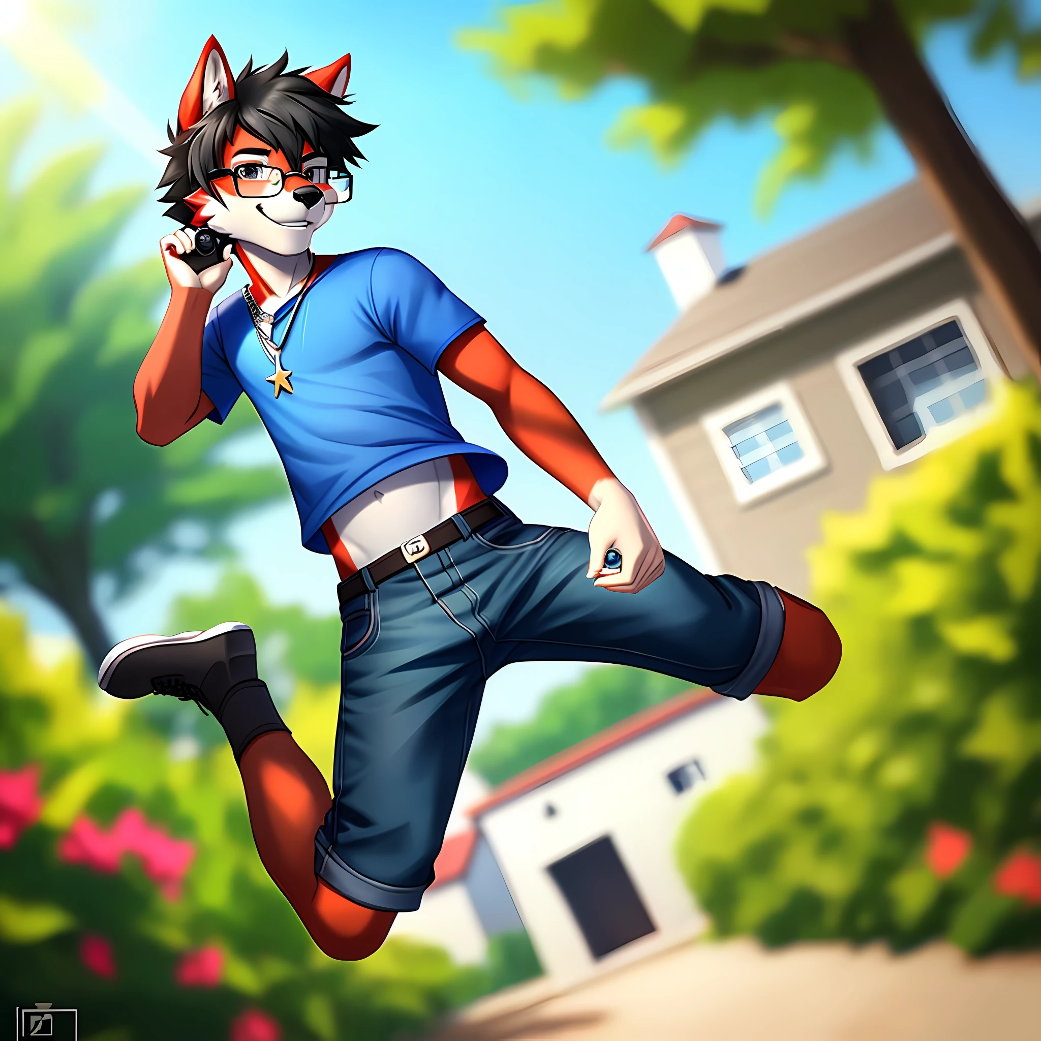 anthro, wolf with red fur, male, blue t-shirt and blue jeans glued, metal necklace, glasses, black hair, solo, no group, not double, full body, smiling, great lighting, high lighting, no logo mark, jumping, character smiling, focus on character, blurred background, in the garden, with a little house in the background, small bulge, young, distant camera, camera away