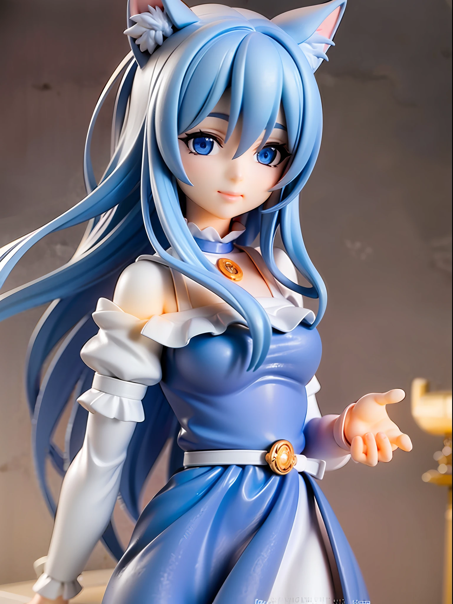 1girl, cat ears, cat tail, long blue hair, beautiful bright blue eyes, smiling, wearing a white dress, standing under a night sky with a full moon, surrounded by blue roses, [realistic], [3d], (8k, RAW photo, best quality, masterpiece:1.2), ultra high res, photo realistic, professional lighting, detailed lighting, professional photography, high quality, high res, extremely detailed, bloom, depth of field, sketch, sharp focus, soft lighting, detailed, detailed skin, to8contrast style.