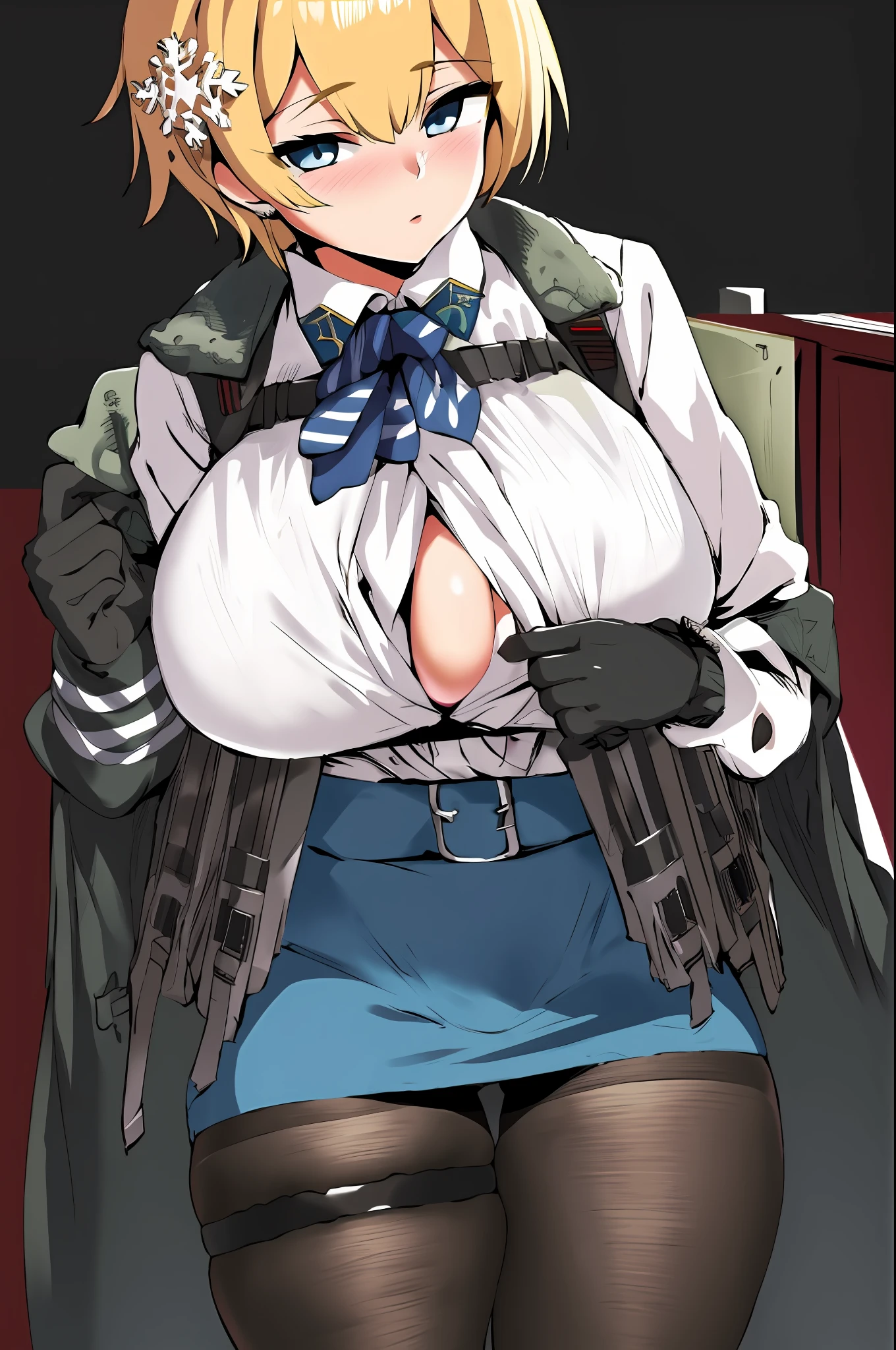 (masterpiece, best quality), 1girl,solo, BREAK VSK, big breasts, thighs, pantyhose, unbuttoned blouse, blush, (simple background, white background), thigh strap, standing, sexually suggestive, paizuri invitation, looking at viewer