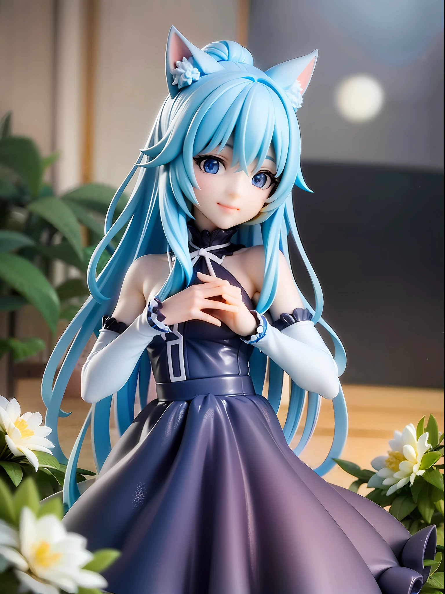 1girl, cat ears, cat tail, long blue hair, beautiful bright blue eyes, smiling, wearing a white dress, standing under a night sky with a full moon, surrounded by blue roses, [realistic], [3d], (8k, RAW photo, best quality, masterpiece:1.2), ultra high res, photo realistic, professional lighting, detailed lighting, professional photography, high quality, high res, extremely detailed, bloom, depth of field, sketch, sharp focus, soft lighting, detailed, detailed skin, to8contrast style.