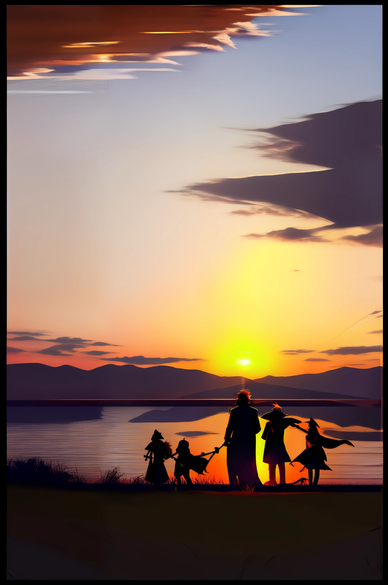 silhouette of a family walking in a field at sunset, lonely family, at sunset, walking together, happy family, at sunset, friendly family, end of day, realistic,comforting and familiar, twilight scenery, people walking on the horizon, absolutely exceptional image, at sunset, at sunrise, with vibrant sky, advancing to sunset,  Better colors, better shadows.