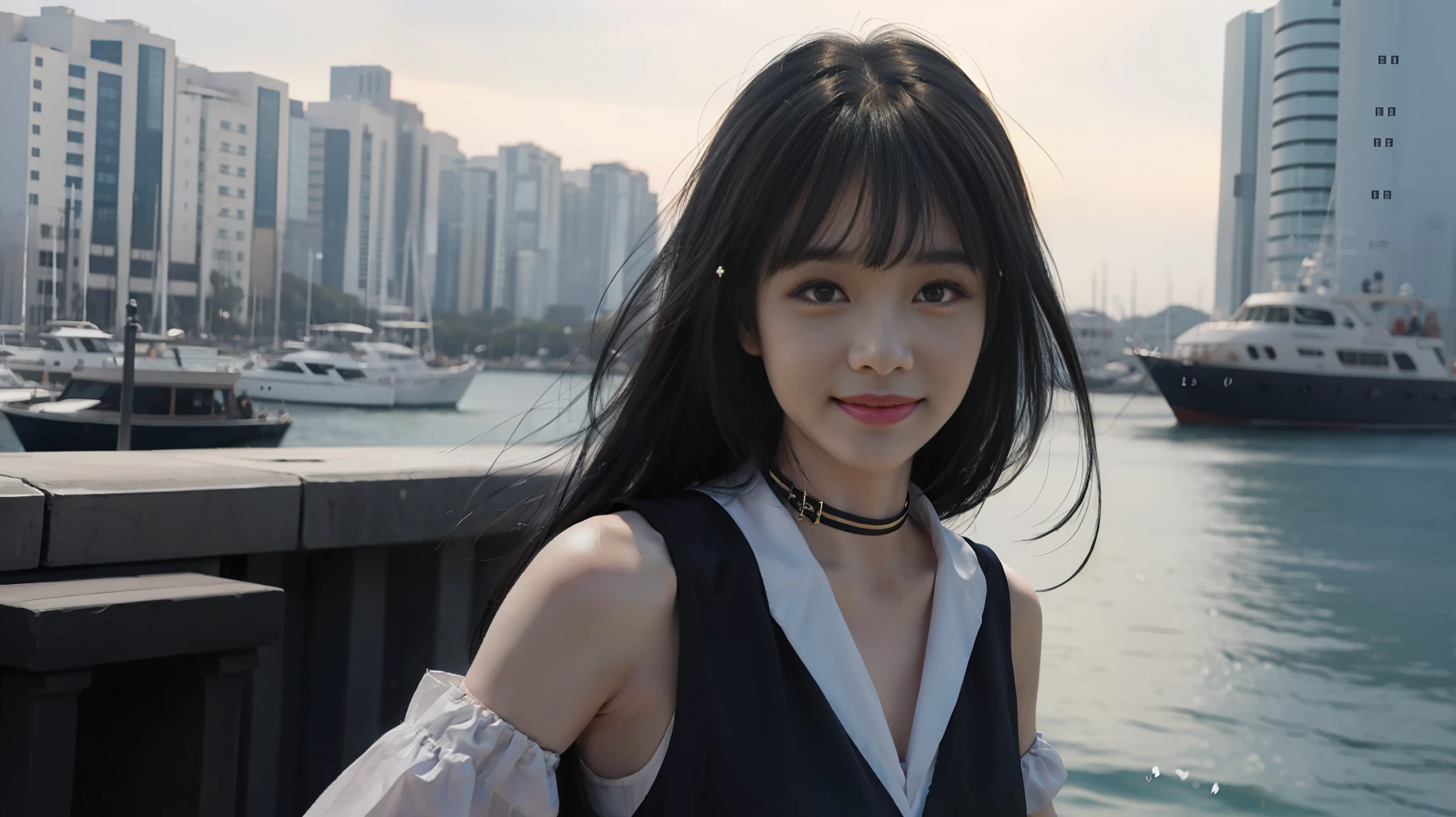 1girl,bangs,bare_shoulders,black_eyes,black_hair,black_sailor_collar,blurry_background,blush,closed_mouth,detached_sleeves,face,grey_eyes,long_hair,sailor_collar,serafuku,shirt,sleeveless,sleeveless_shirt,smile,solo,upper_body,white_shirt,kazano_hiori