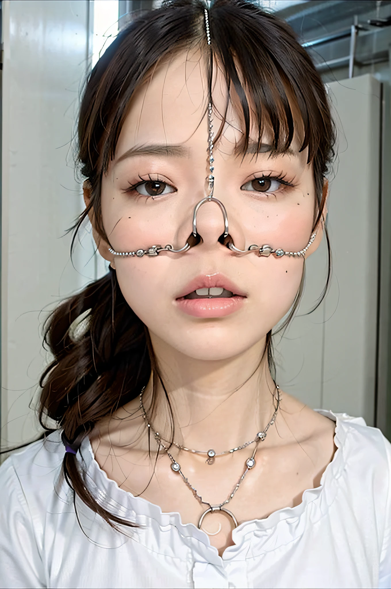 Fashion trendy beautiful and charming woman, gentle and charming Chinese beautiful woman, delicate and sexy collarbone, charming oval face, double eyelids, smart peach blossom eyes, pink lips, small nose, bare shoulders, focus on the face, close-up of the face, Ultra-high-definition, super-detailed, full-body photo, ultra-thin and light-transmitting, the white off-the-shoulder shirt perfectly echoes the light blue slit skirt, fresh and good, and can be seen through
