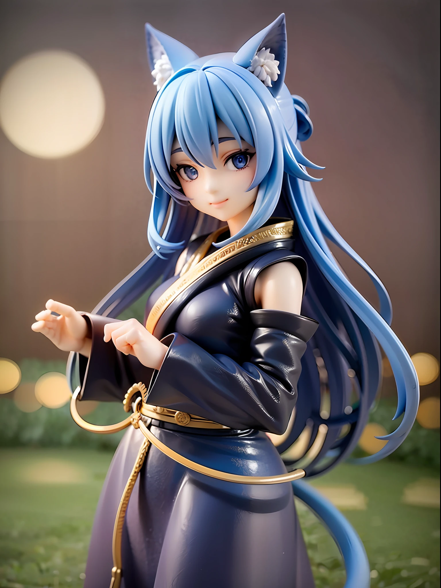 1girl, cat ears, cat tail, long blue hair, beautiful bright blue eyes, smiling, kimono, standing under a night sky with a full moon, surrounded by blue roses, [realistic], [3d], (8k, RAW photo, best quality, masterpiece:1.2), ultra high res, photo realistic, professional lighting, detailed lighting, professional photography, high quality, high res, extremely detailed, bloom, depth of field, sketch, sharp focus, soft lighting, detailed, detailed skin, to8contrast style.