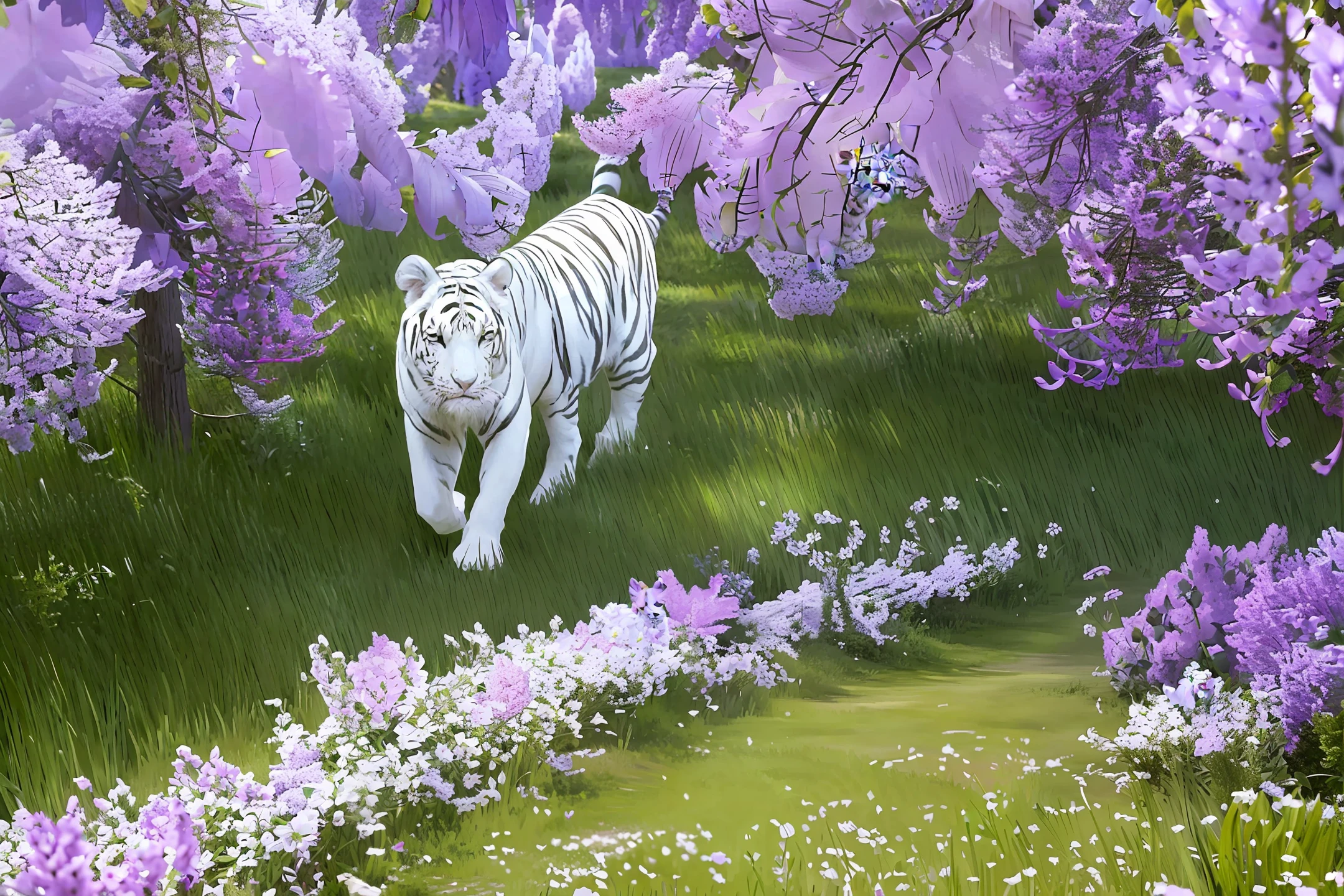 A white Bengal tiger, with a horn and angel wings, in a field landscape with lilac flowers