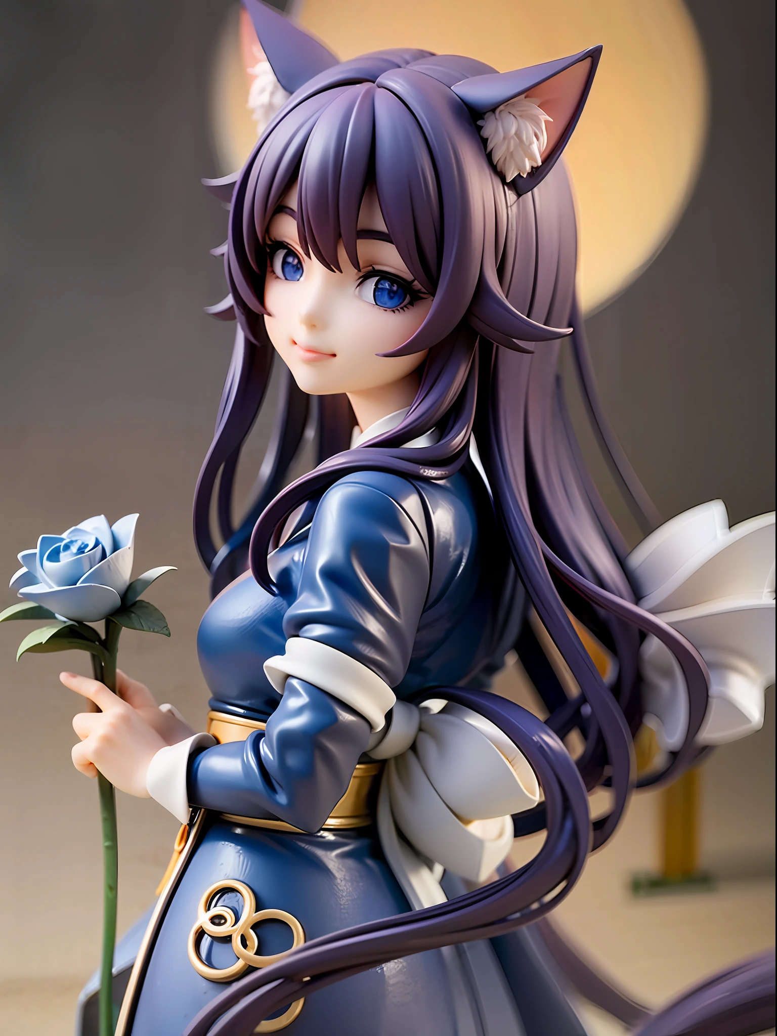 1girl, cat ears, cat tail, long blue hair, beautiful bright blue eyes, smiling, kimono, standing under a night sky with a full moon, surrounded by blue roses, [realistic], [3d], (8k, RAW photo, best quality, masterpiece:1.2), ultra high res, photo realistic, professional lighting, detailed lighting, professional photography, high quality, high res, extremely detailed, bloom, depth of field, sketch, sharp focus, soft lighting, detailed, detailed skin, to8contrast style.
