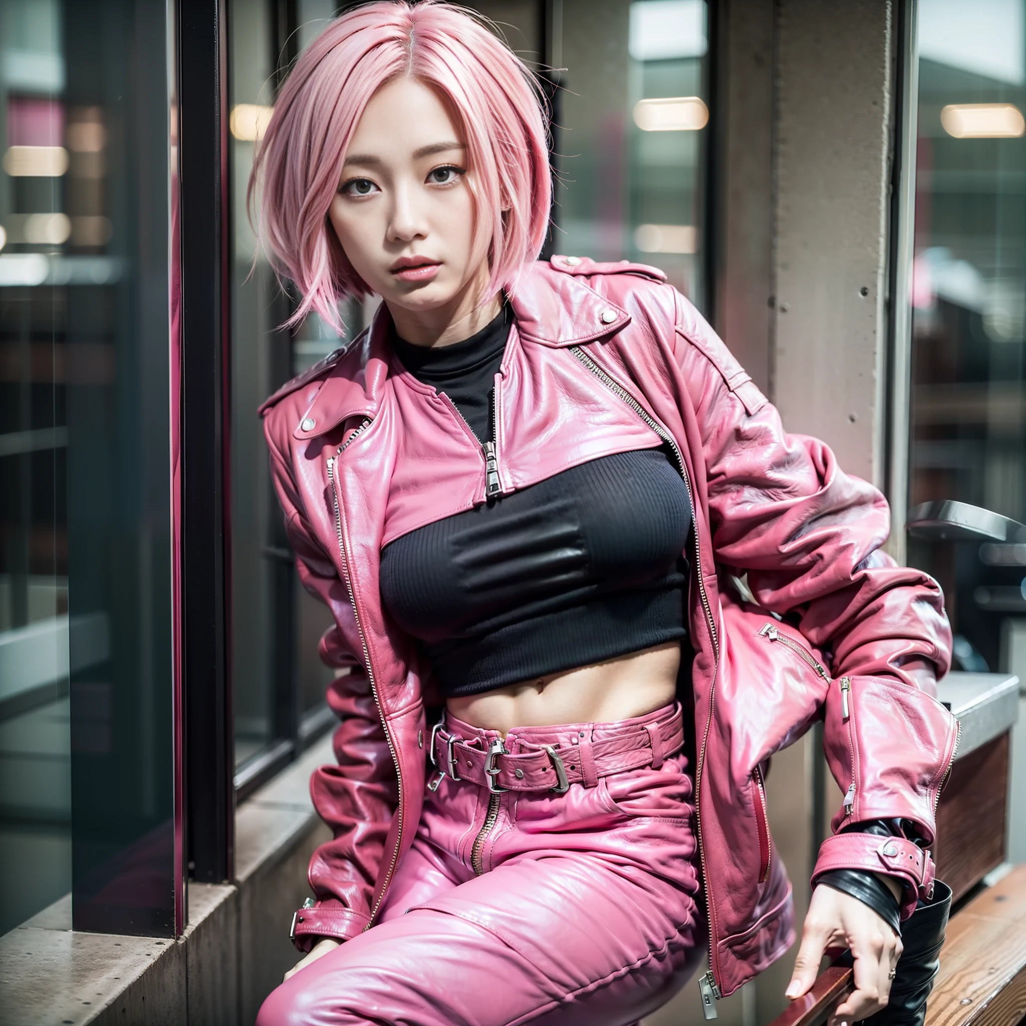 Japan Female 18 years old Looking at Camera Portrait Boyish Wild Cool Pink Riders Jacket Leather Pants Leather Boots Tall Big Tits Pink Hair Short Bob