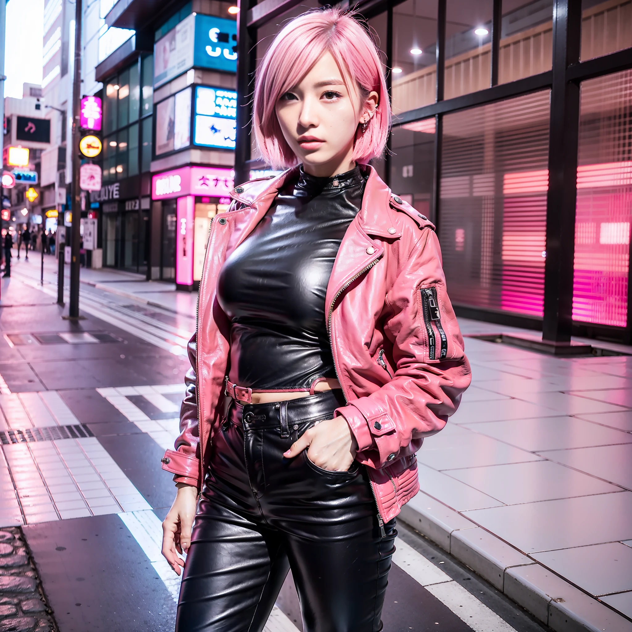 Japan Female 18 years old Looking at Camera Portrait Boyish Wild Cool Pink Riders Jacket Leather Pants Leather Boots Tall Big Tits Pink Hair Short Bob