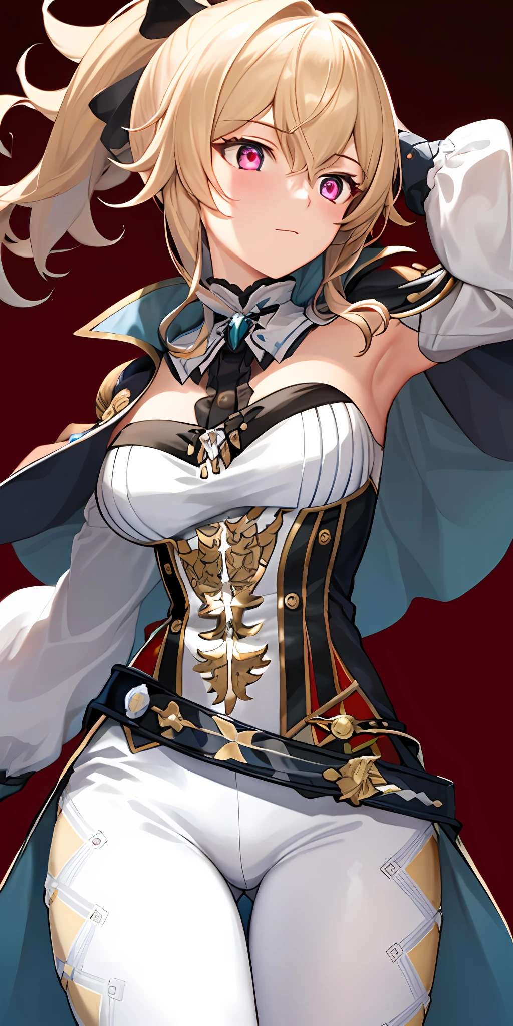 1girl, solo, jeandef, large breasts, thighs, crotch, standing, (glowing red eyes), (from below view), red background