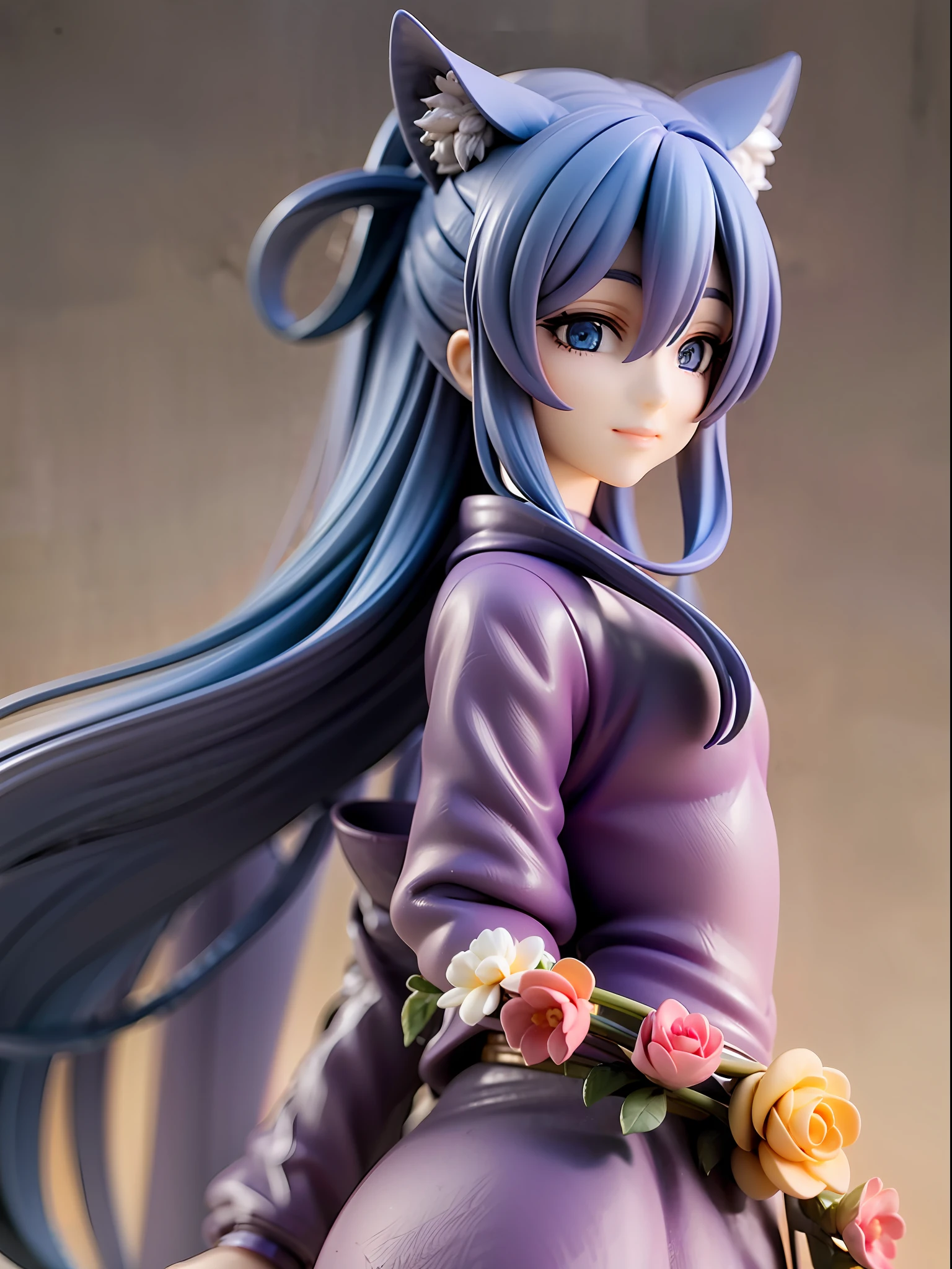 1girl, cat ears, cat tail, long blue hair, beautiful bright blue eyes, smiling, kimono, standing under a night sky with a full moon, surrounded by blue roses, [realistic], [3d], (8k, RAW photo, best quality, masterpiece:1.2), ultra high res, photo realistic, professional lighting, detailed lighting, professional photography, high quality, high res, extremely detailed, bloom, depth of field, sketch, sharp focus, soft lighting, detailed, detailed skin, to8contrast style.
