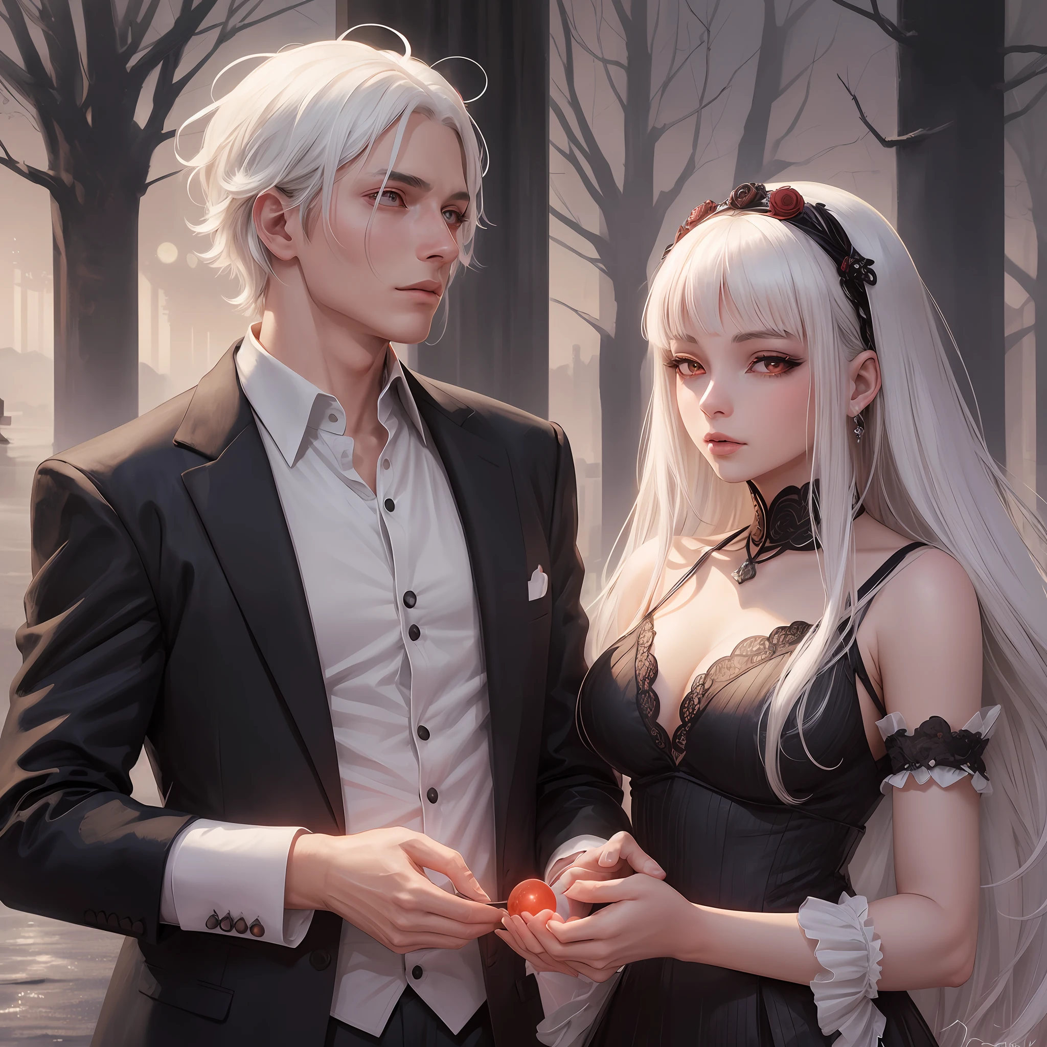 (couple:1.1), (couple illuminated by moonlight), (man0.9), (woman:1.1), anime, (white hair), (interracial), (red eyes:1.2), (romantic), (in a fantastic location:1.1), (night), present in a serene and splendid environment. --auto --s2