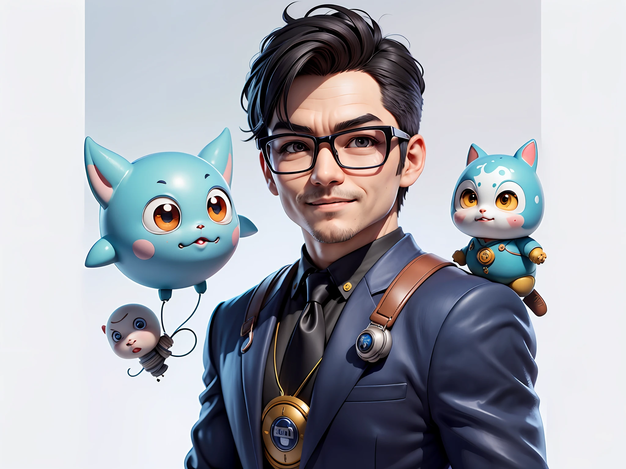 Masterpiece), (Excellent), (Super Meticulous), (Full Body: 1.2), Super Young Woman, Beautiful, Sexy, Bursting, Oriental Face, TV Anchor, Bust Portrait Illustration, Alone, Black Suit, Blue Tie, Silver Glasses, Slightly Chubby Face, Very Clean Face, No Beard, Black Super Short Hair, Black Eyes, Confident Smile, 3c Computer Sub-Products, iPad, iPhone, Digital Painting, 3D Character Design by Akira Toriyama with Mark Claireden and Pixar and Hayao Miyazaki, The illustration is a high-definition illustration in 4K resolution with very detailed facial features and cartoon-style visuals.