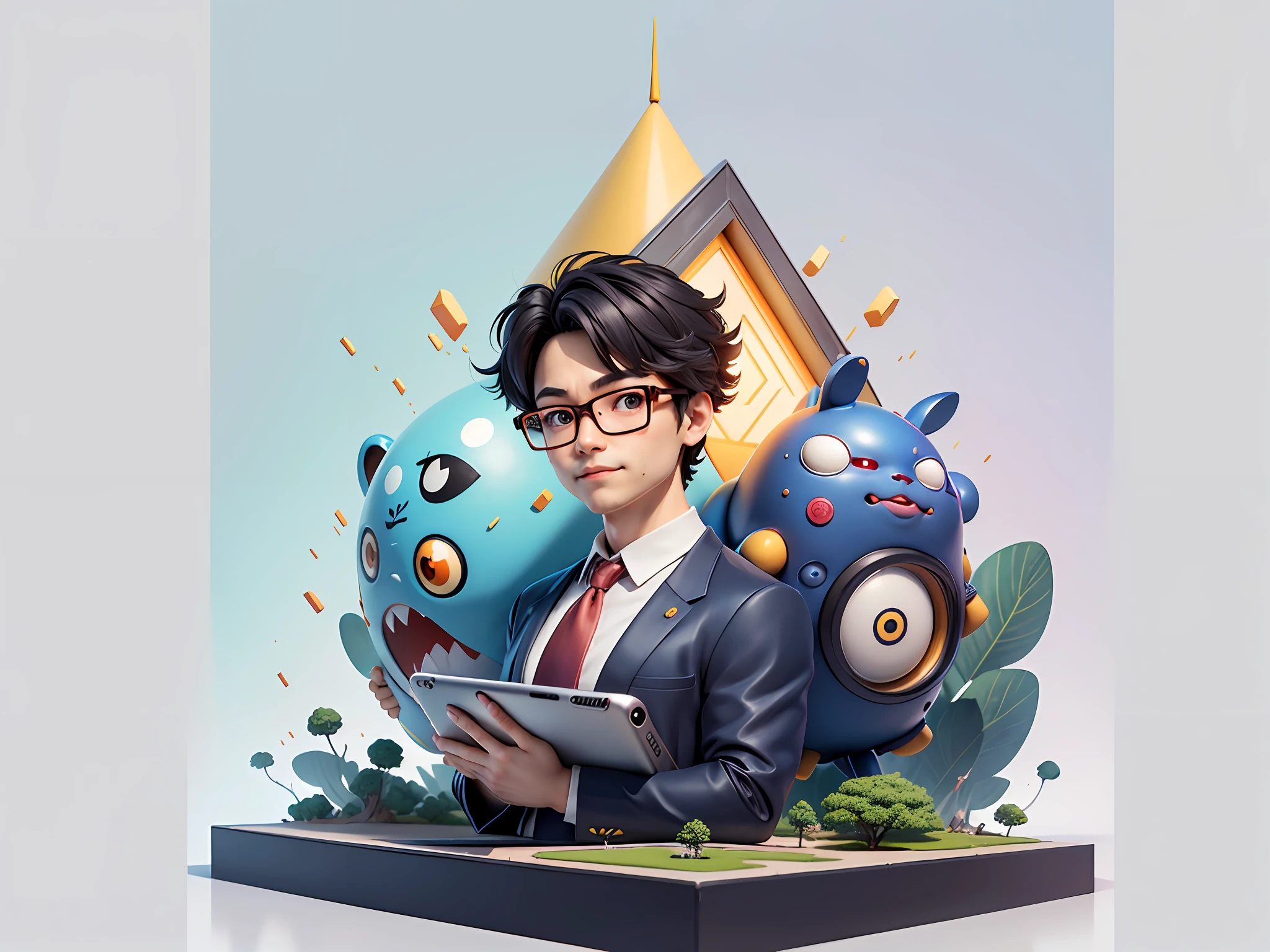 Masterpiece), (Excellent), (Super Meticulous), (Full Body: 1.2), Super Young Woman, Beautiful, Sexy, Bursting, Oriental Face, TV Anchor, Bust Portrait Illustration, Alone, Black Suit, Blue Tie, Silver Glasses, Slightly Chubby Face, Very Clean Face, No Beard, Black Super Short Hair, Black Eyes, Confident Smile, 3c Computer Sub-Products, iPad, iPhone, Digital Painting, 3D Character Design by Akira Toriyama with Mark Claireden and Pixar and Hayao Miyazaki, The illustration is a high-definition illustration in 4K resolution with very detailed facial features and cartoon-style visuals.