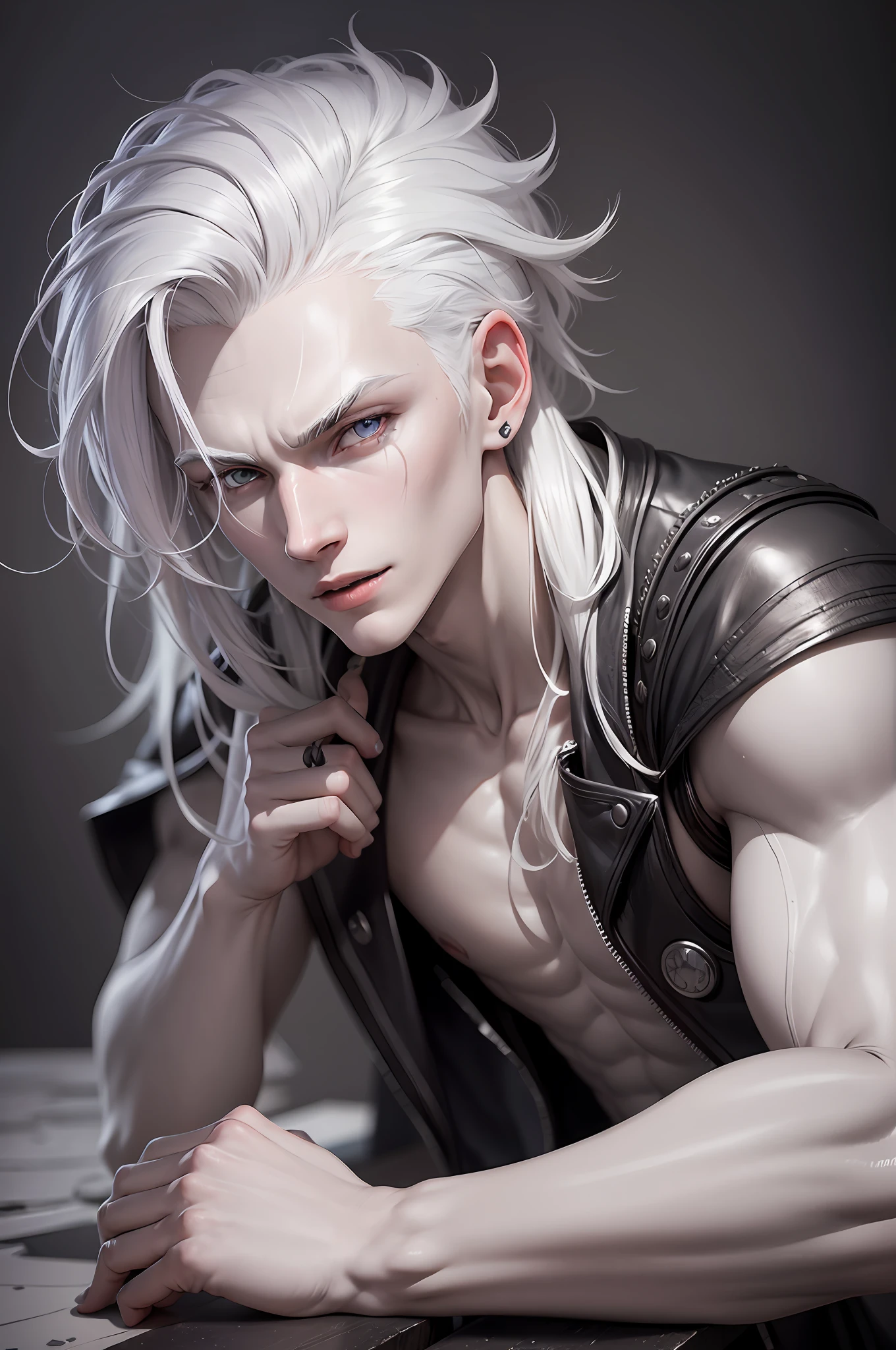 r, happy, happy, gray skin, pale, white hair, gray, (8k), realistic trait, (2d), 3d model, dark clothes, male, drow man, duel, kor, light eyes, blue ayes