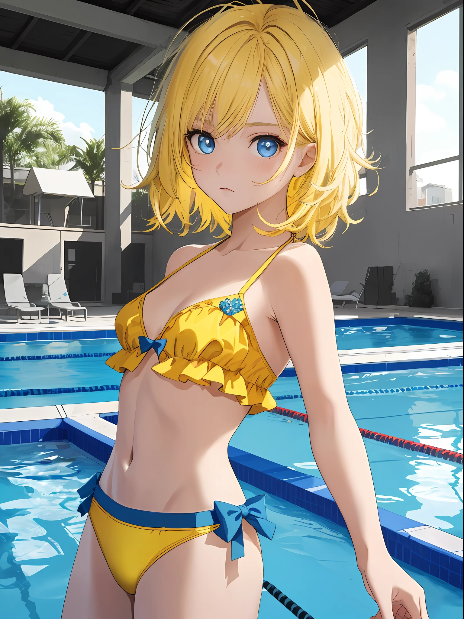 masterpiece, top quality, best quality, super detail, break, middle hair, yellow hair, disheveled hair, 16 years old, model, infant figure, short stature, break, (blue bikini: 1.4), bare shoulders, break, big eyes, blue eyes, glowing eyes, break, pool, break,
