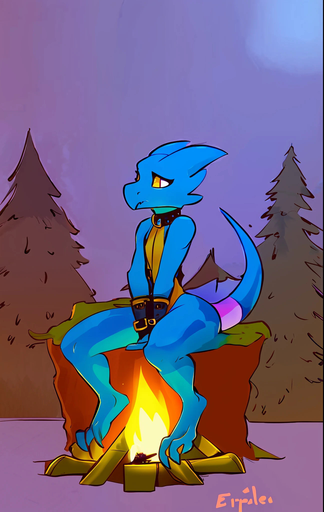 kobold anthro, blue body, male kobold anthro, by eiprel, highdetail, medieval armor, sitting around campfire, night, forest background, vibrant colors, glossy, diffuse glow, slave collar, leather cuffs, straps, buckles,