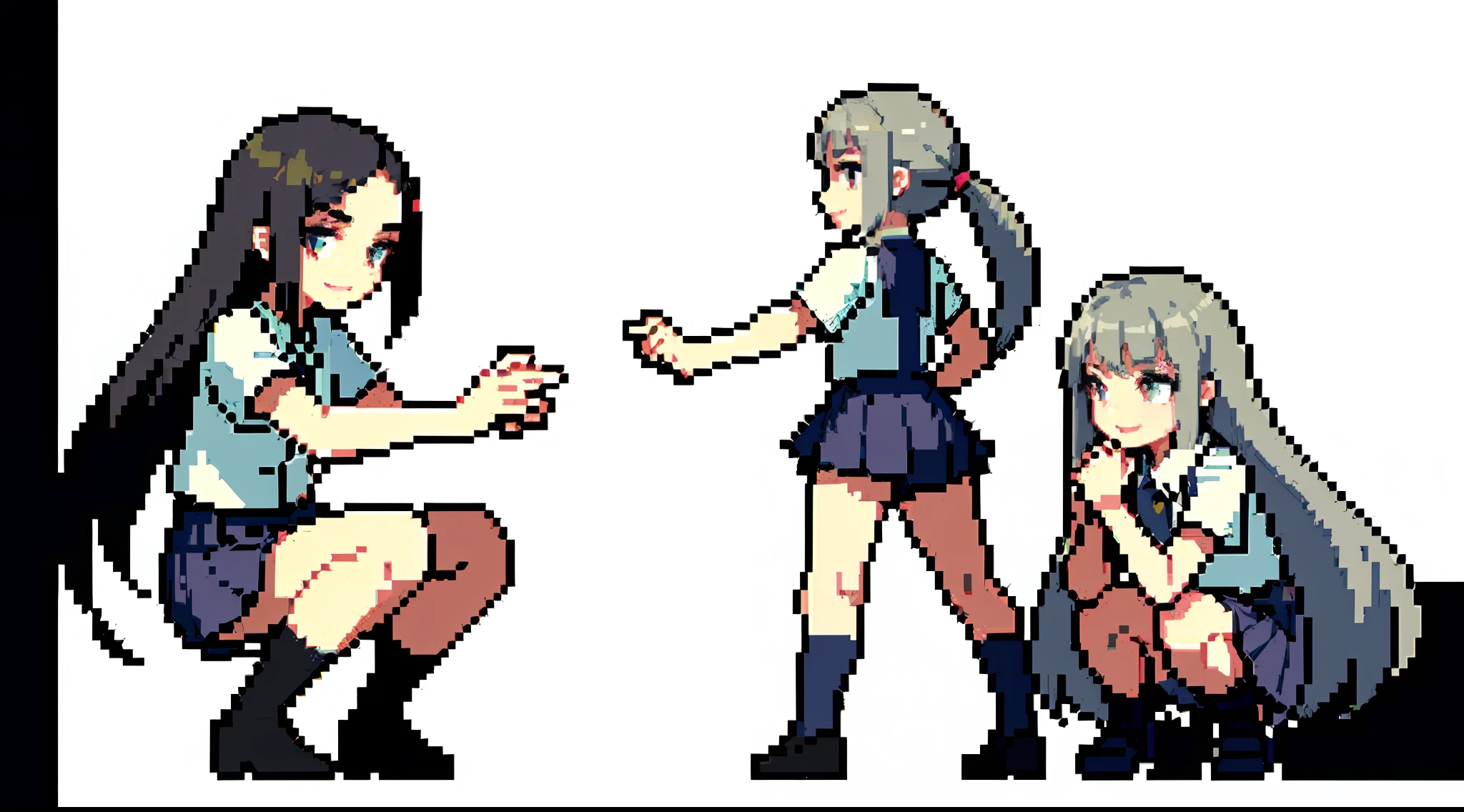 (masterpiece, highest quality, highest quality), pixel, pixel art, single girl, full body, (very long hair, gray hair), colorful, best detailed, squatting, 16 years old, small, mini skirt, uniform, short sleeves, smile, ruin, emphasized thighs, underwear, delicate, kick, fighting, right-facing, ruin